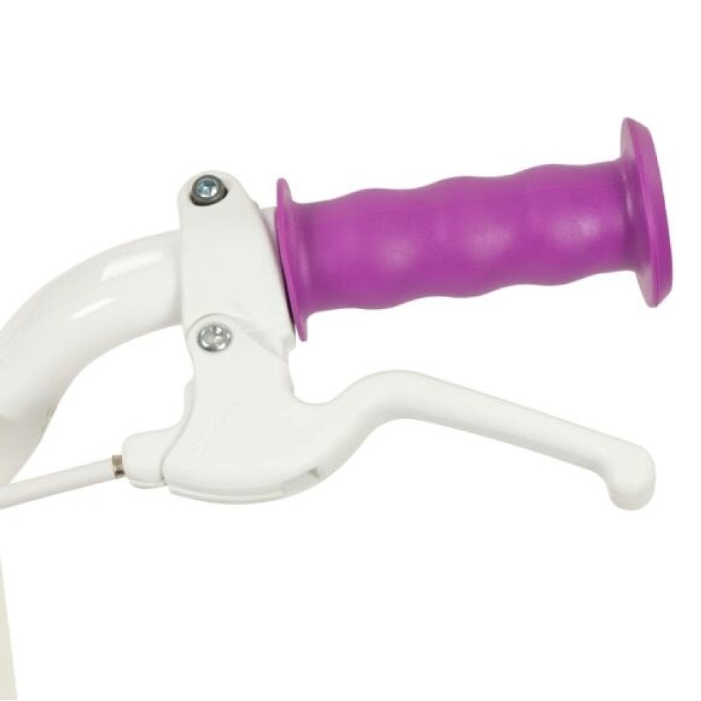 Biały hamulec rowerowy z fioletową rączką.