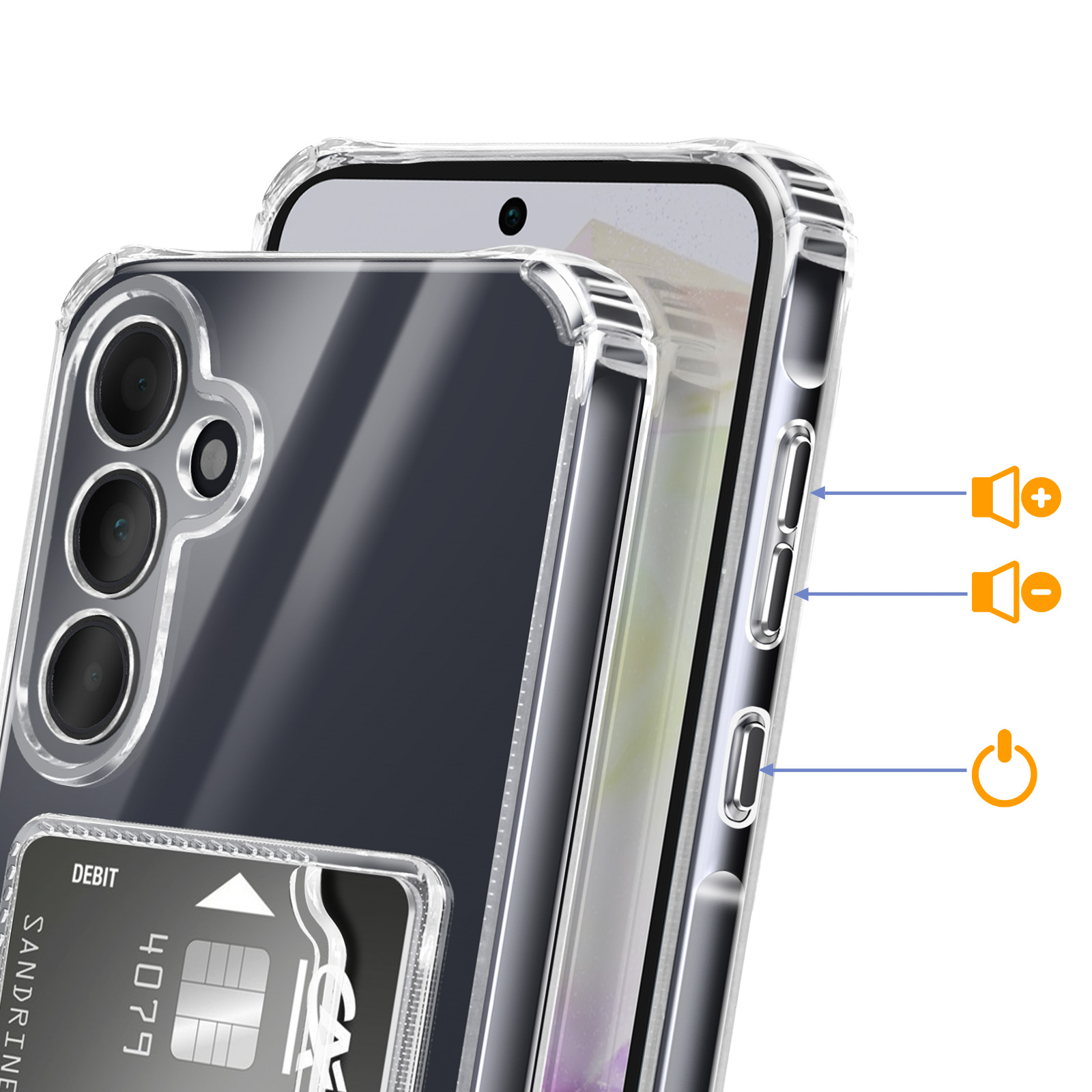 Una custodia trasparente per telefono con slot per carte sul retro. Pulsanti sul lato.