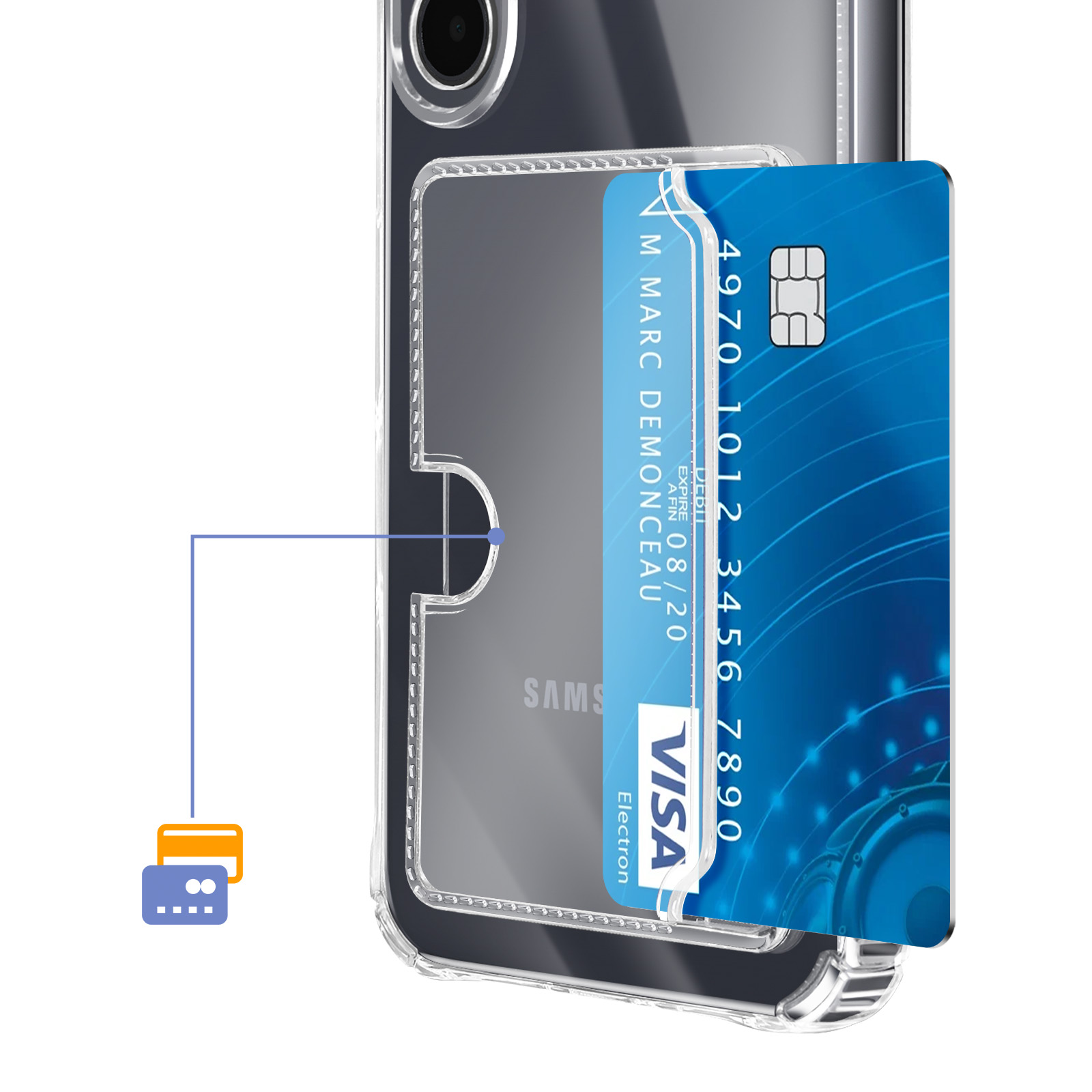 Una custodia trasparente per telefono con una carta Visa nella sua fessura.