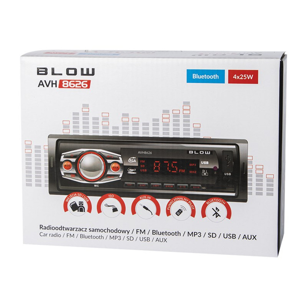 Opakowanie radia samochodowego BLOW AVH 8626, z Bluetooth i mocą 4x25W.