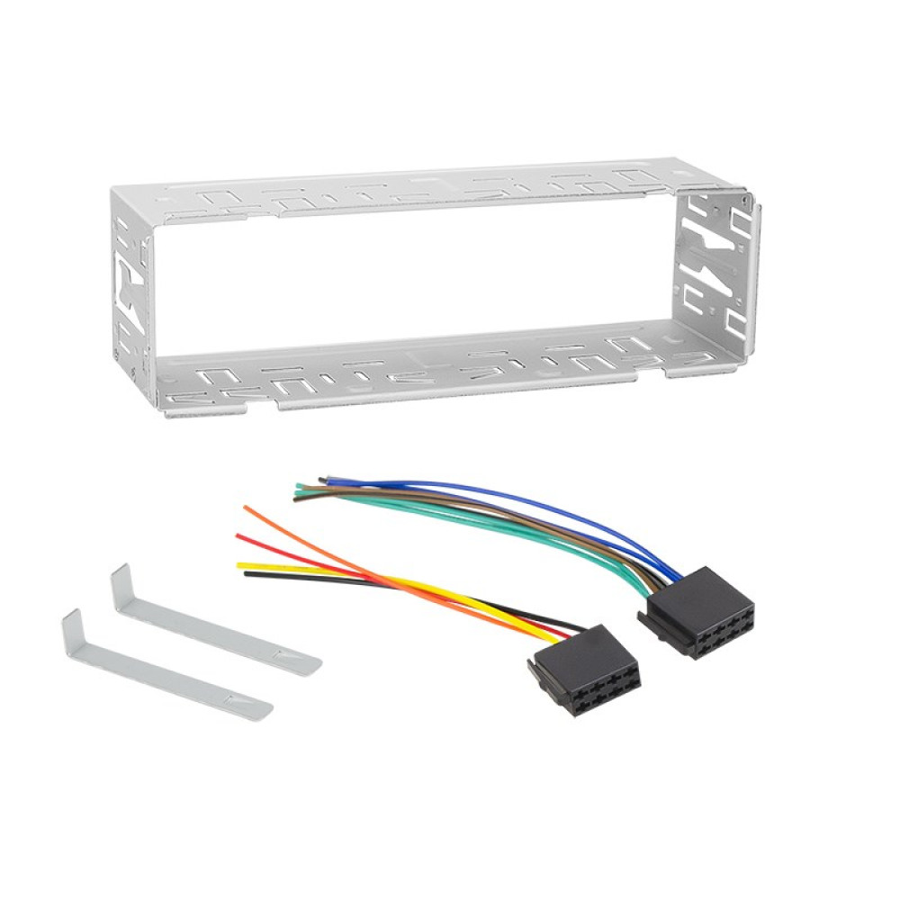 Metalowy wspornik montażowy radia samochodowego z wiązką przewodów.