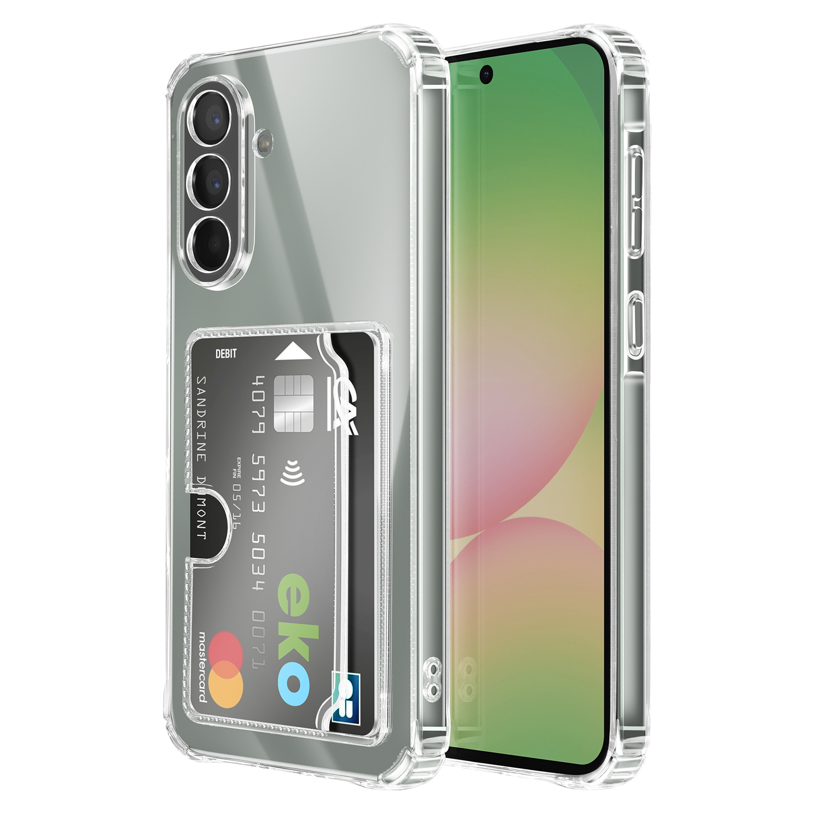 Custodia trasparente per telefono con porta carte e un telefono con display sfumato.