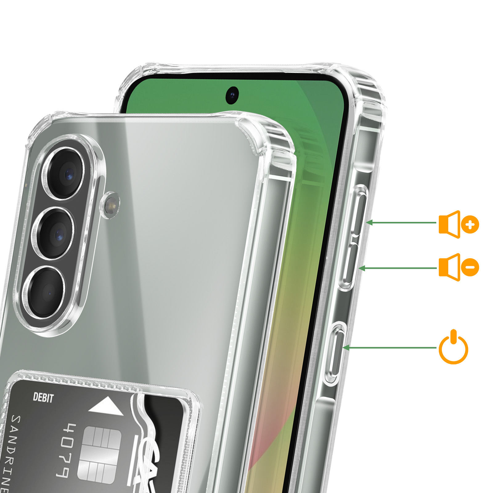 Custodia trasparente per telefono con tre fotocamere e carta di debito.