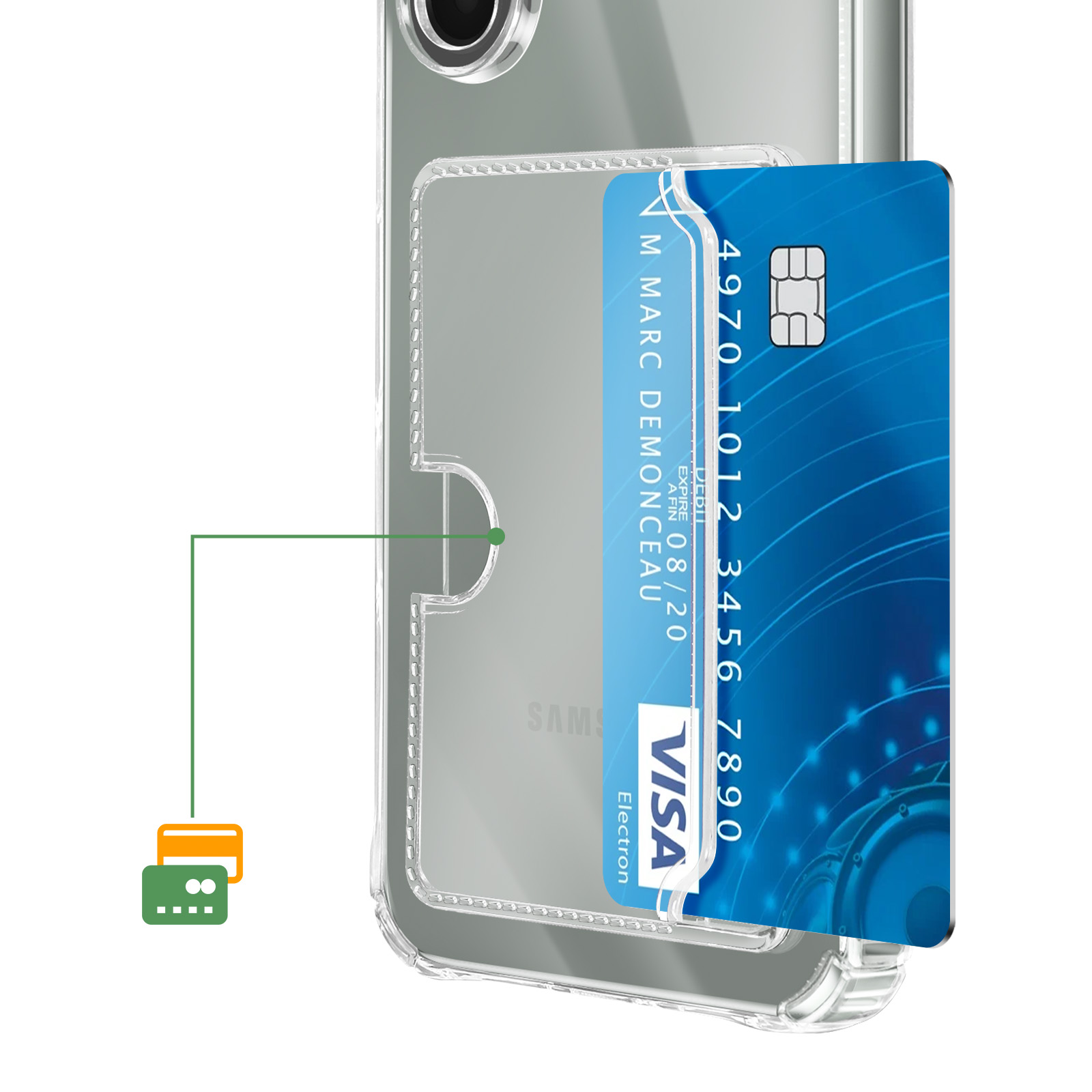 Una custodia trasparente per telefono con una carta VISA blu e un'altra carta.