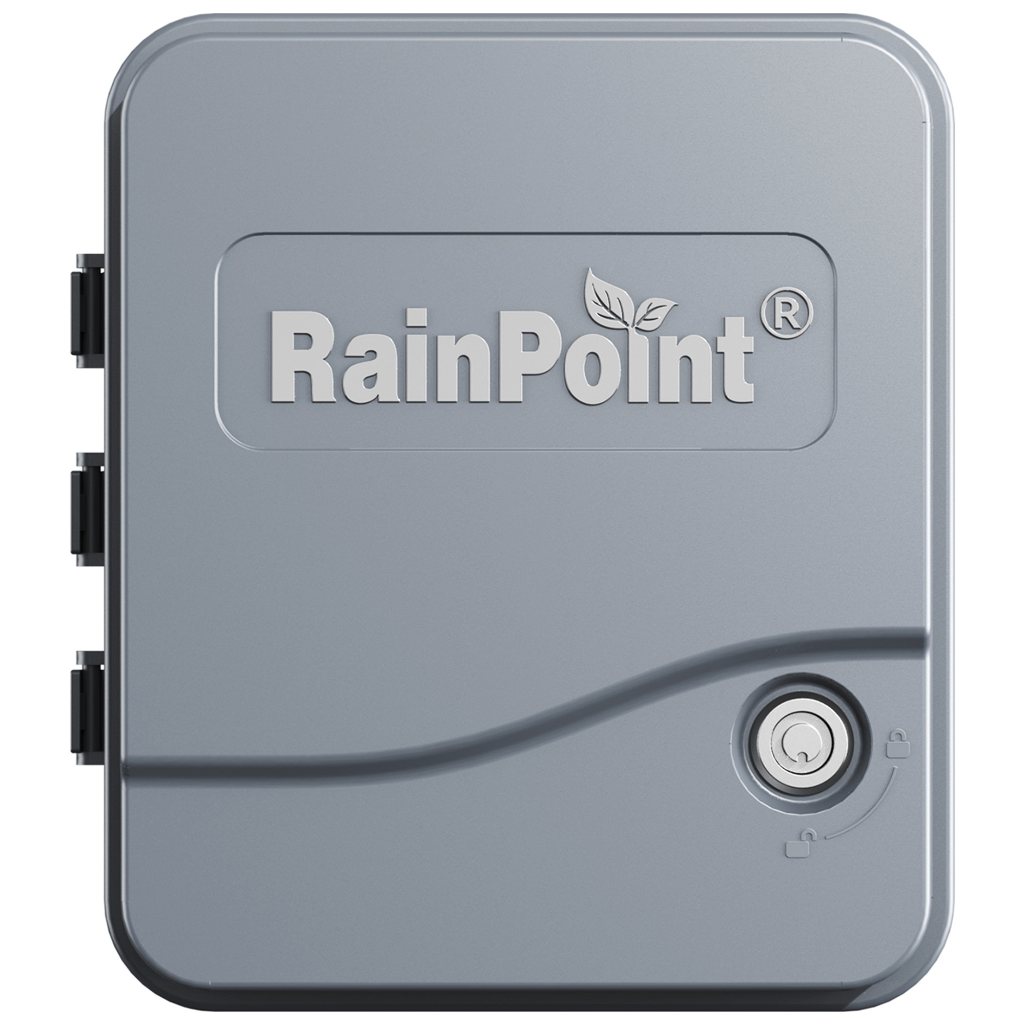 Szara skrzynka sterownika nawadniania RainPoint z symbolem blokady i odblokowania.