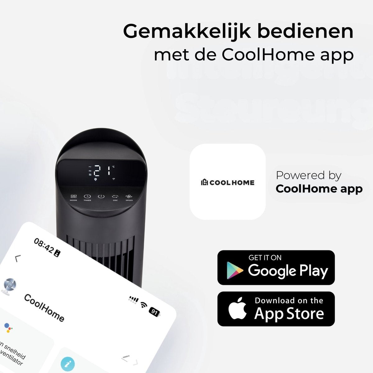 Zwarte torenventilator met digitaal display, app-bediening en downloadknoppen.