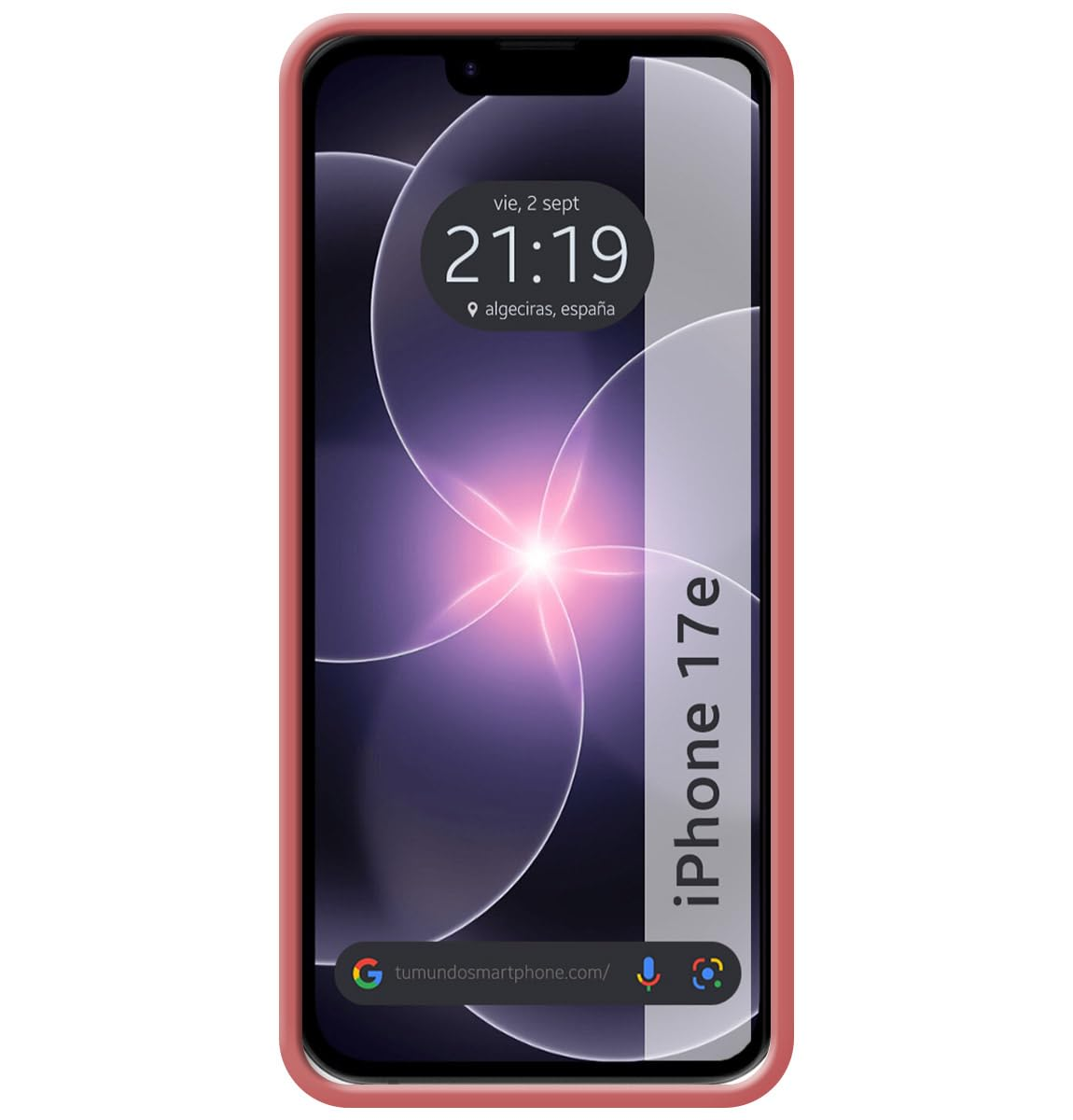 Un smartphone rosa con un fondo de pantalla oscuro que tiene un centro brillante.