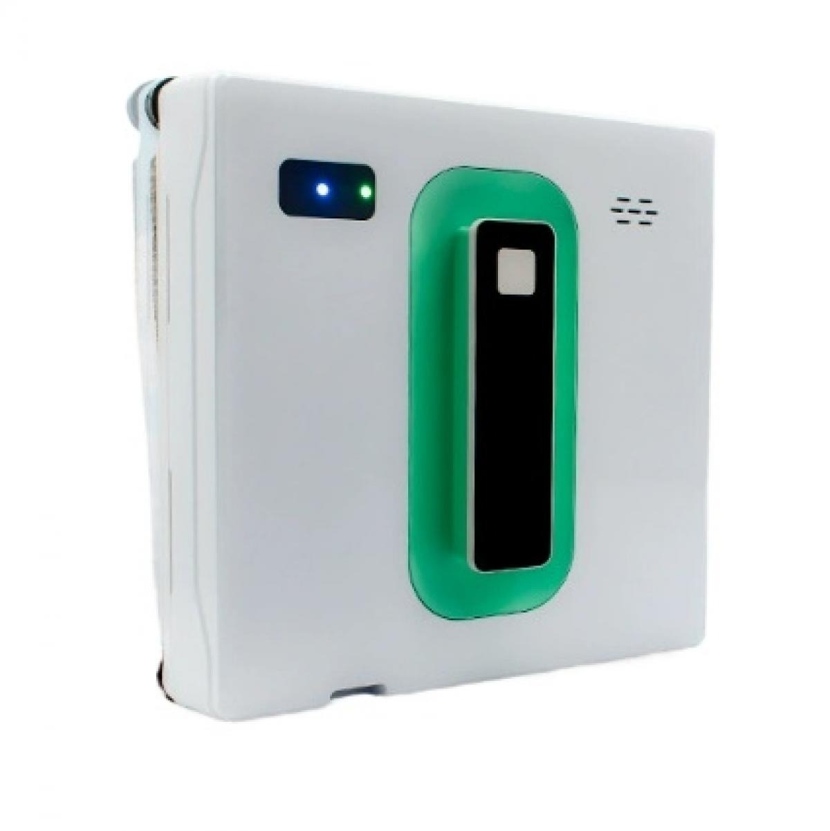 Ein weißer Fensterreinigungsroboter mit grüner Einfassung und schwarzen Details.