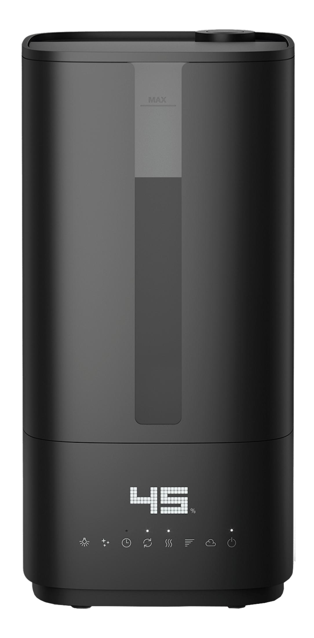 Black humidifier with digital display showing 45% and icons.