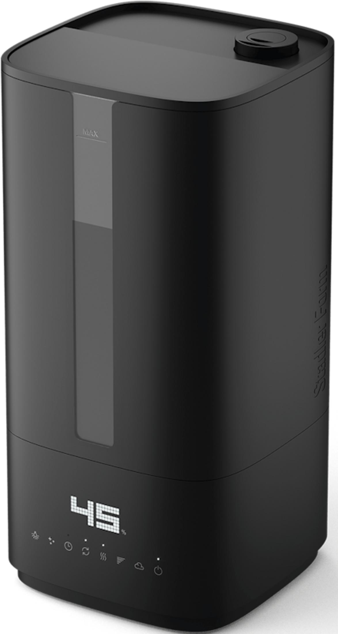Black humidifier with digital display and control buttons.