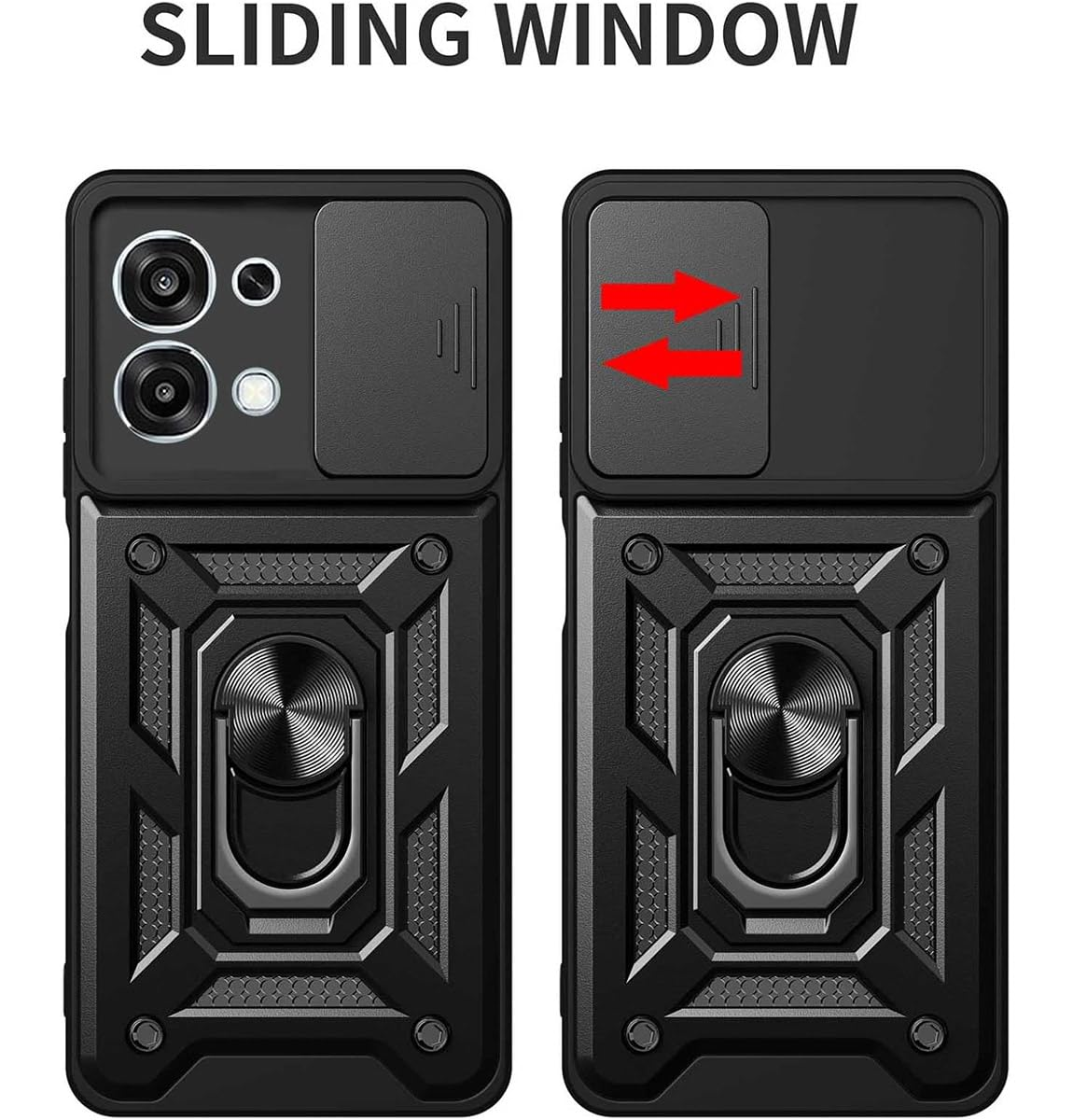 Funda negra para teléfono con ventana deslizante y soporte de anillo. Izquierda muestra cámaras, derecha flechas.