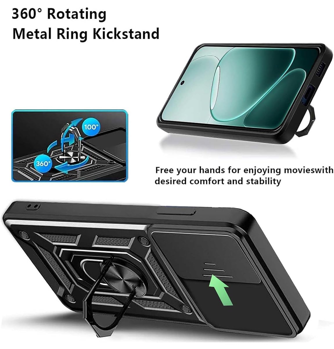 Funda negra para teléfono con soporte de anillo metálico giratorio.