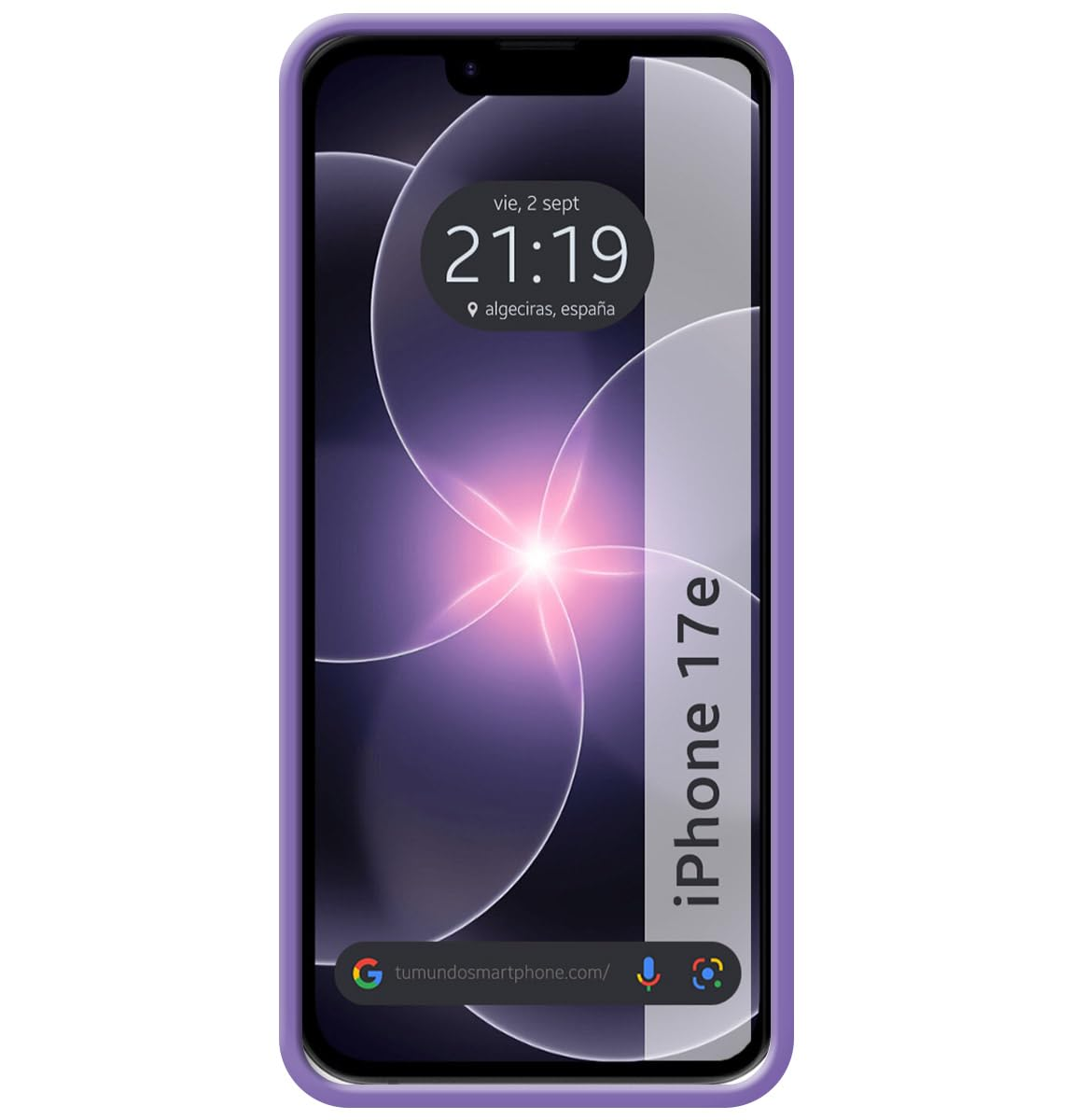Un iPhone morado que muestra un fondo de pantalla con diseño de flor brillante.