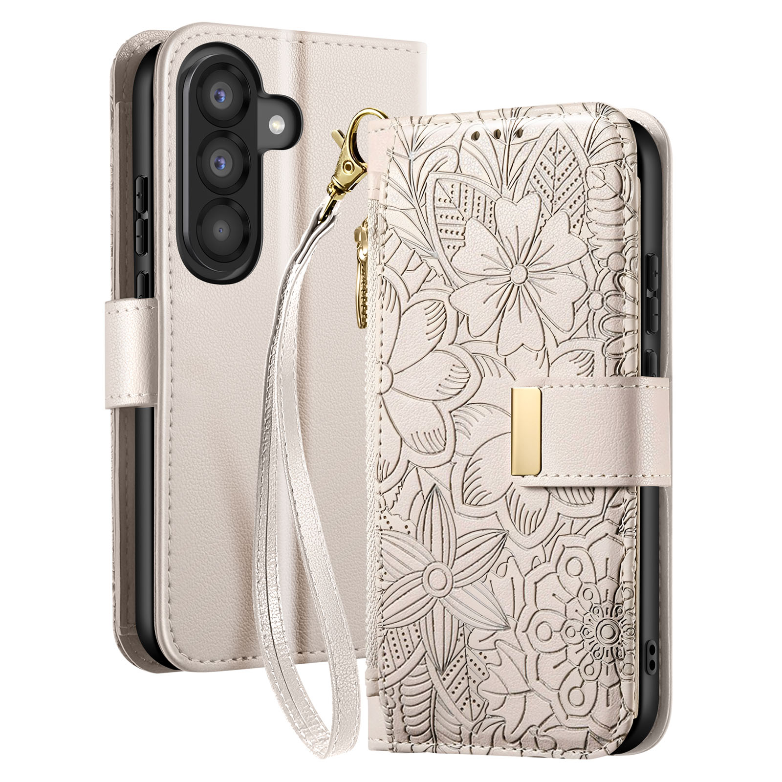 Custodia per telefono beige con rilievo floreale, cinturino e chiusura oro.