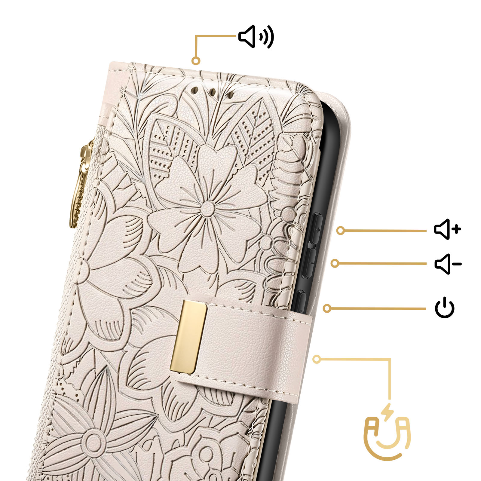Custodia per telefono beige chiaro con rilievo floreale e icone per volume, accensione e magnete.