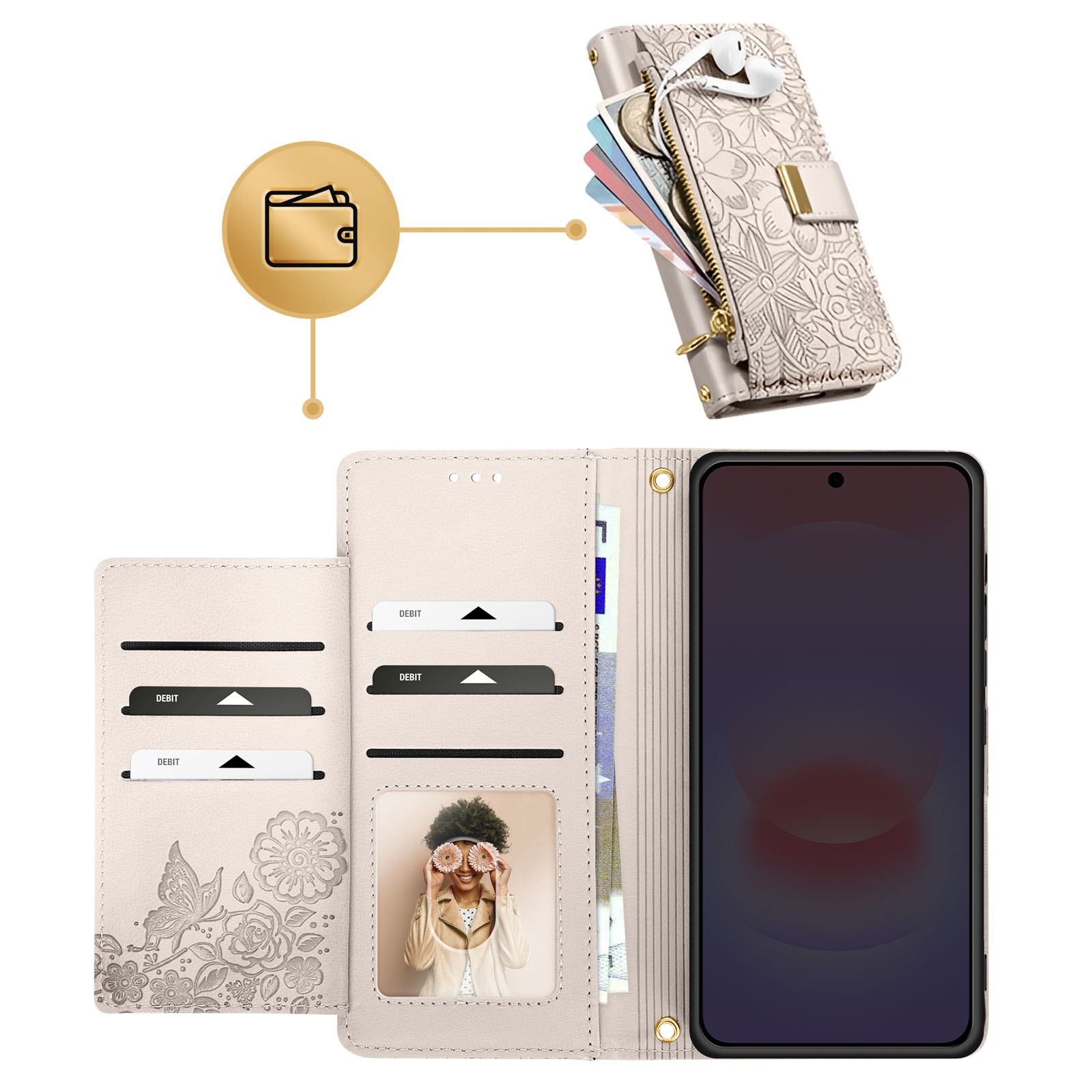 Una custodia a portafoglio per telefono beige chiaro floreale con slot per carte e portamonete.