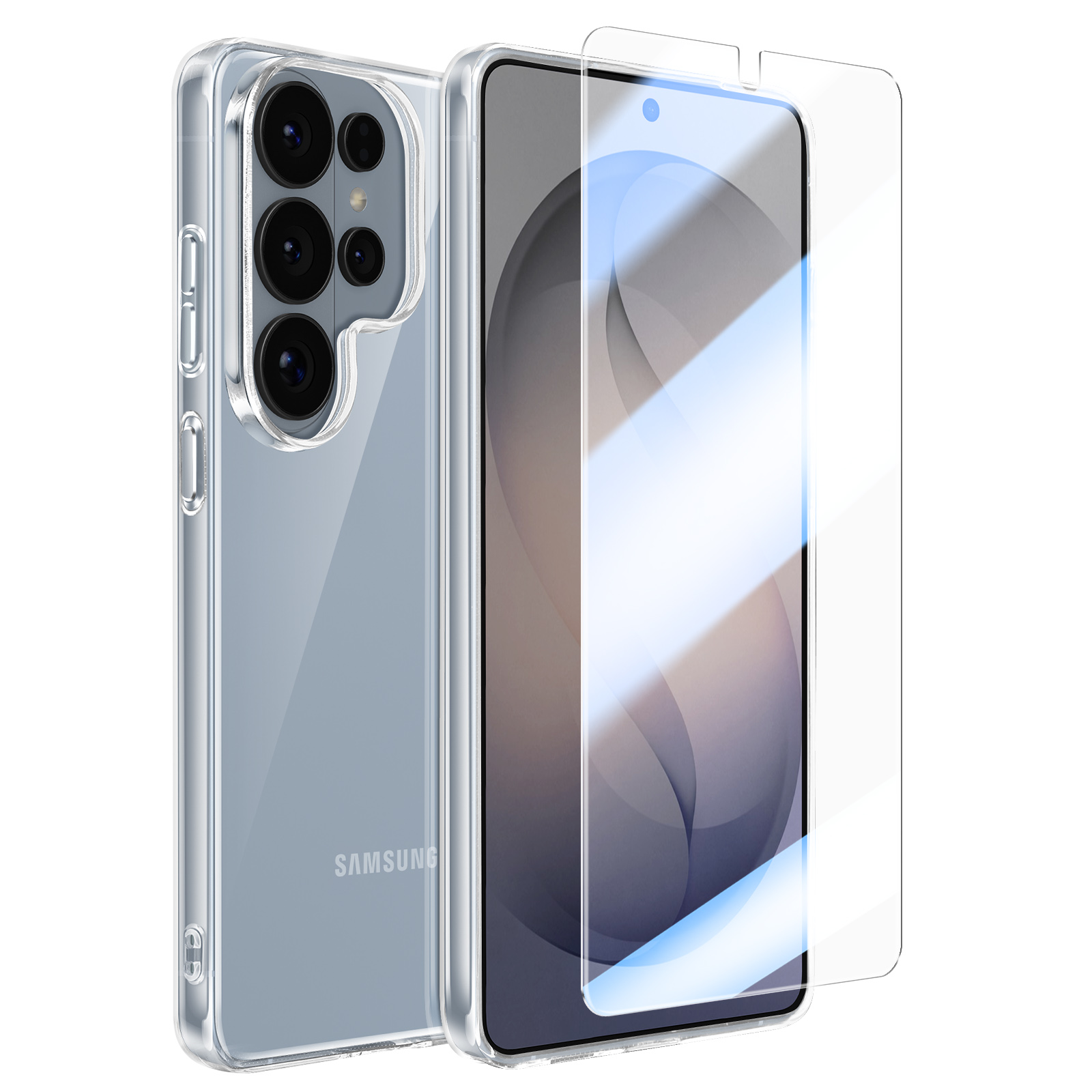 Una custodia trasparente e una protezione per lo schermo per un telefono Samsung.