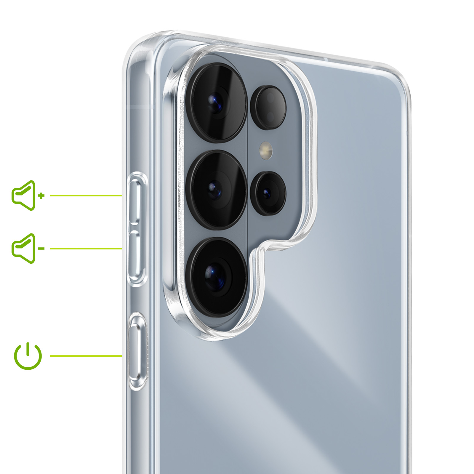 Custodia trasparente con obiettivi della fotocamera, tasti volume e tasto di accensione.