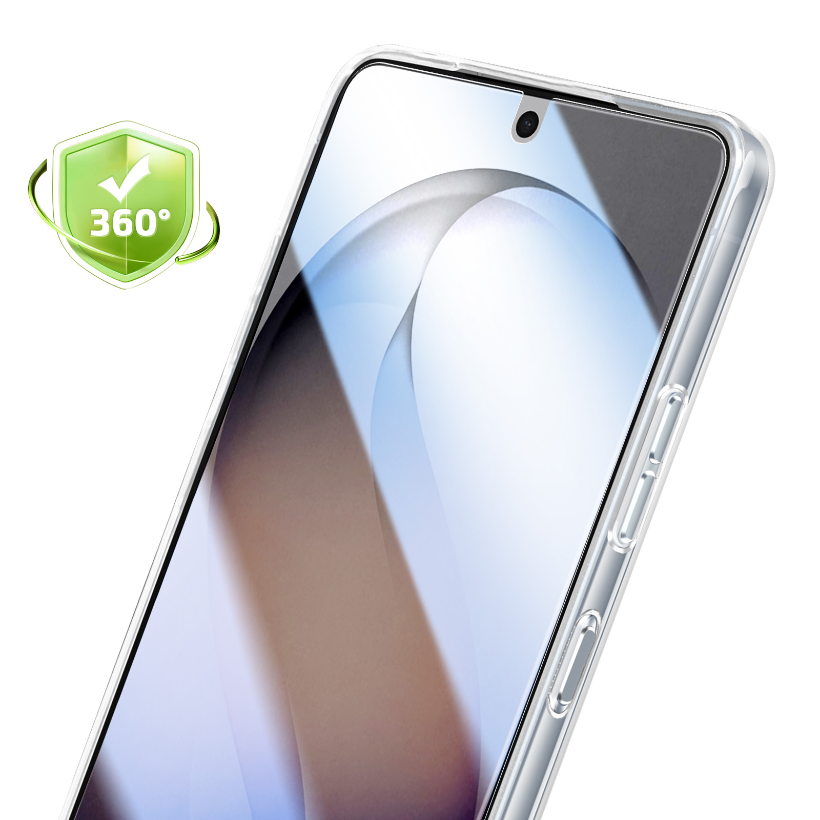 Uno smartphone in custodia trasparente con sigillo di protezione a 360°.