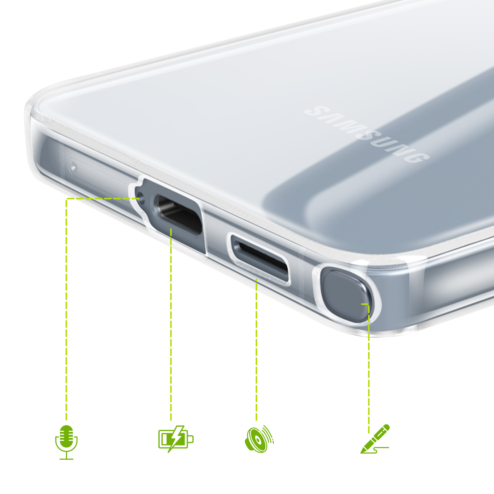Primo piano di una cover trasparente per telefono con porta USB-C, microfono.