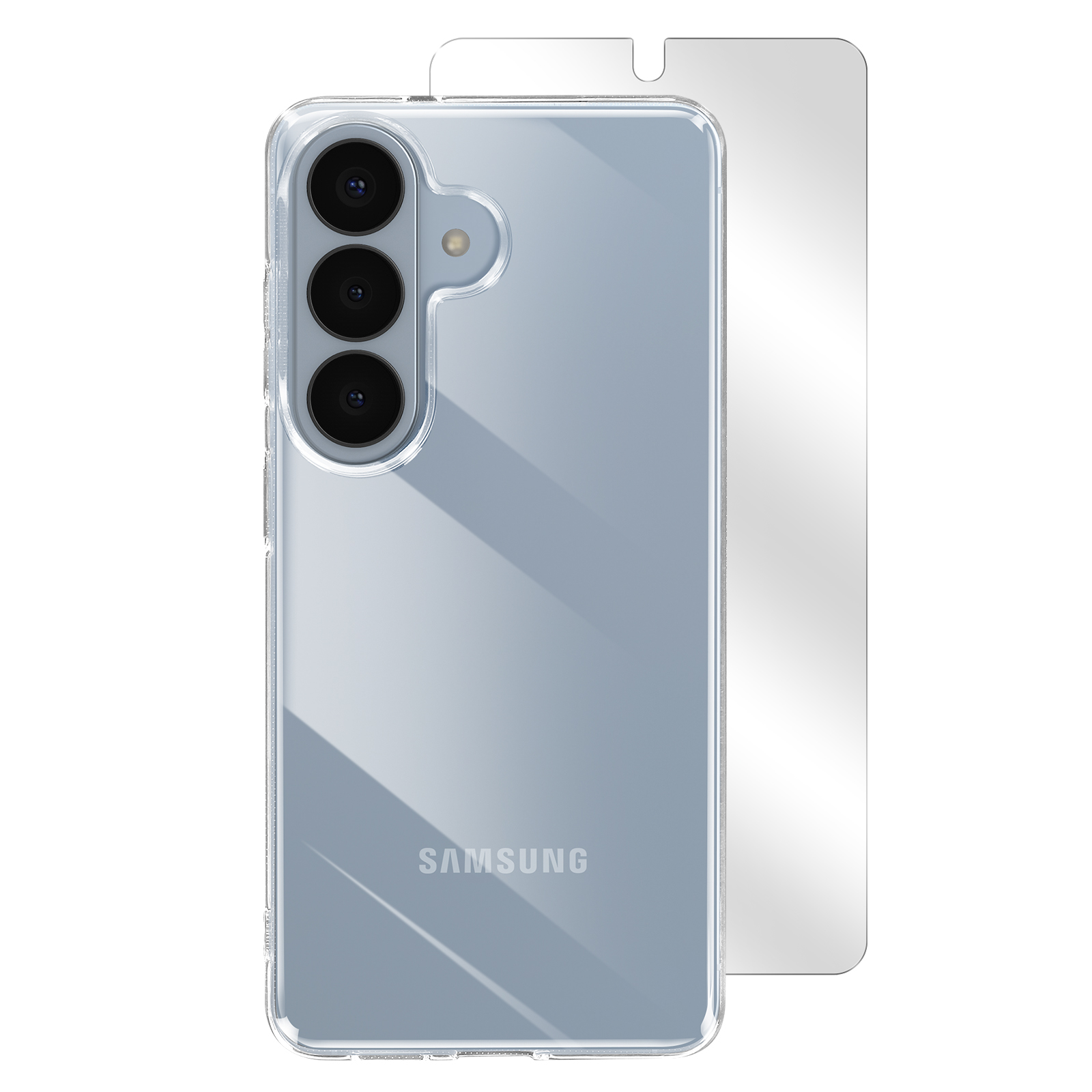 Custodia trasparente per telefono con tre fotocamere e protezione schermo.