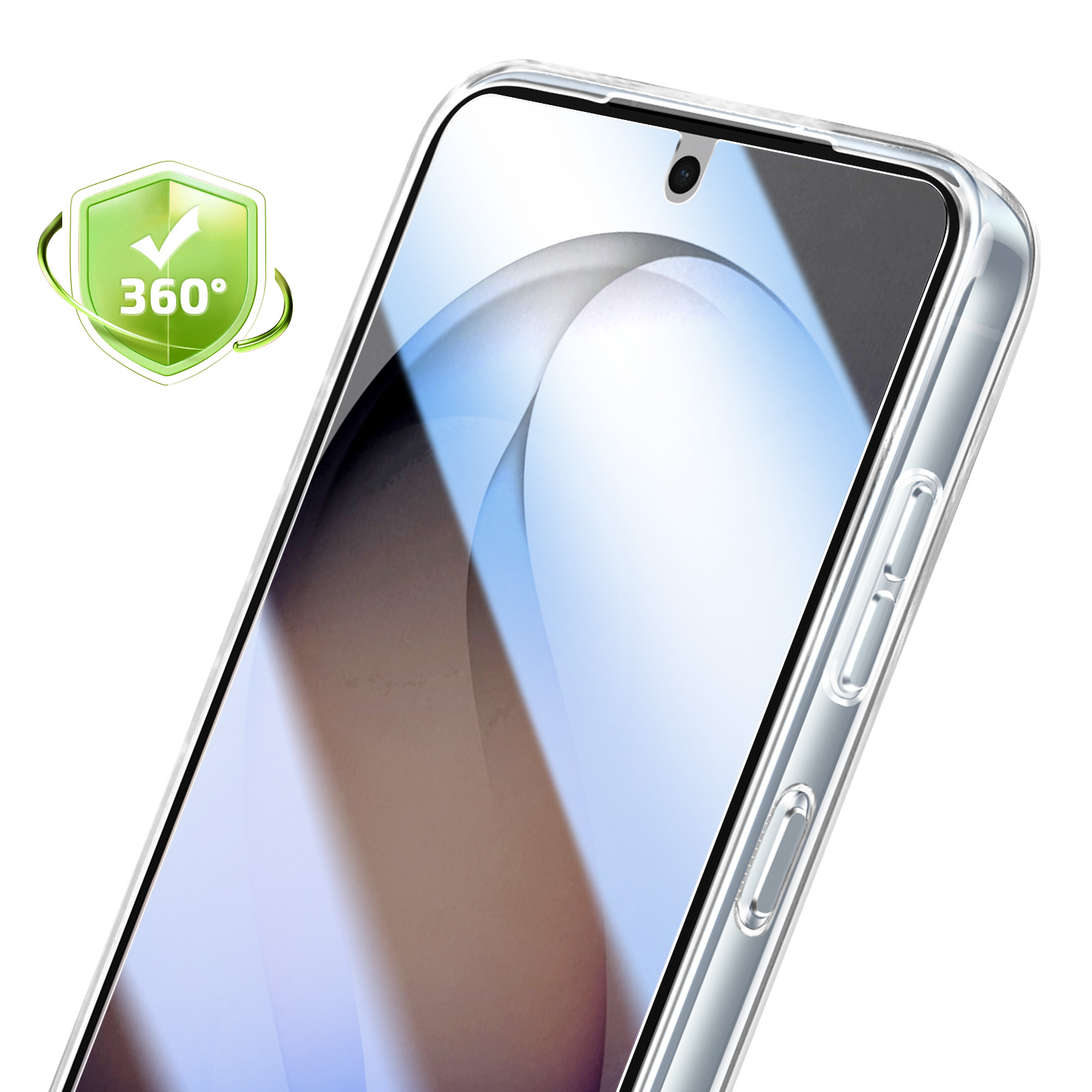 Una custodia trasparente per telefono con logo 360° e telefono.