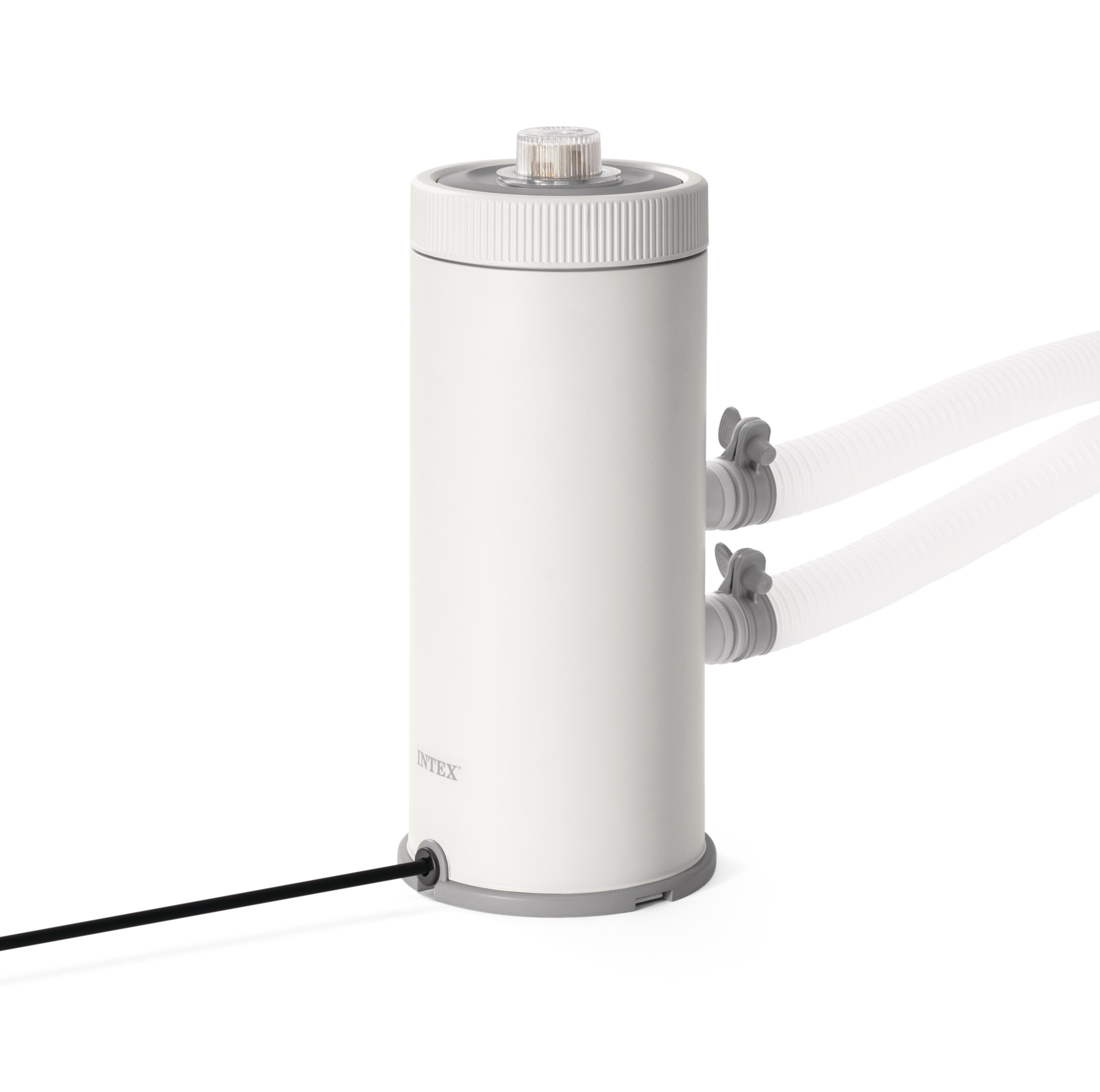 Biały filtr basenowy Intex z dwoma wężami i czarnym kablem zasilającym.