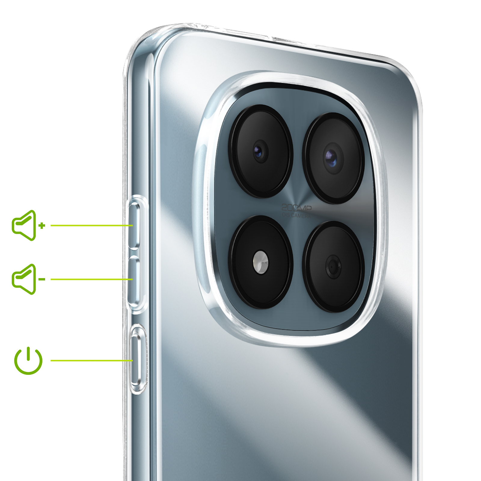 Rückseite eines Smartphones mit vier Kameras und Lautstärke-/Ein-Aus-Tasten.