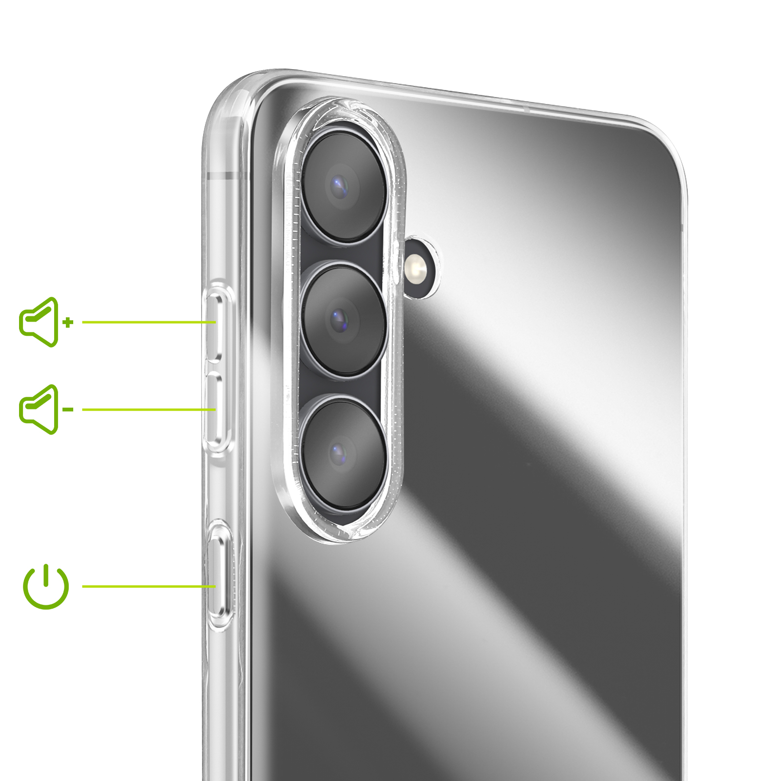 Custodia trasparente per telefono con tre obiettivi della fotocamera, pulsanti volume e accensione.