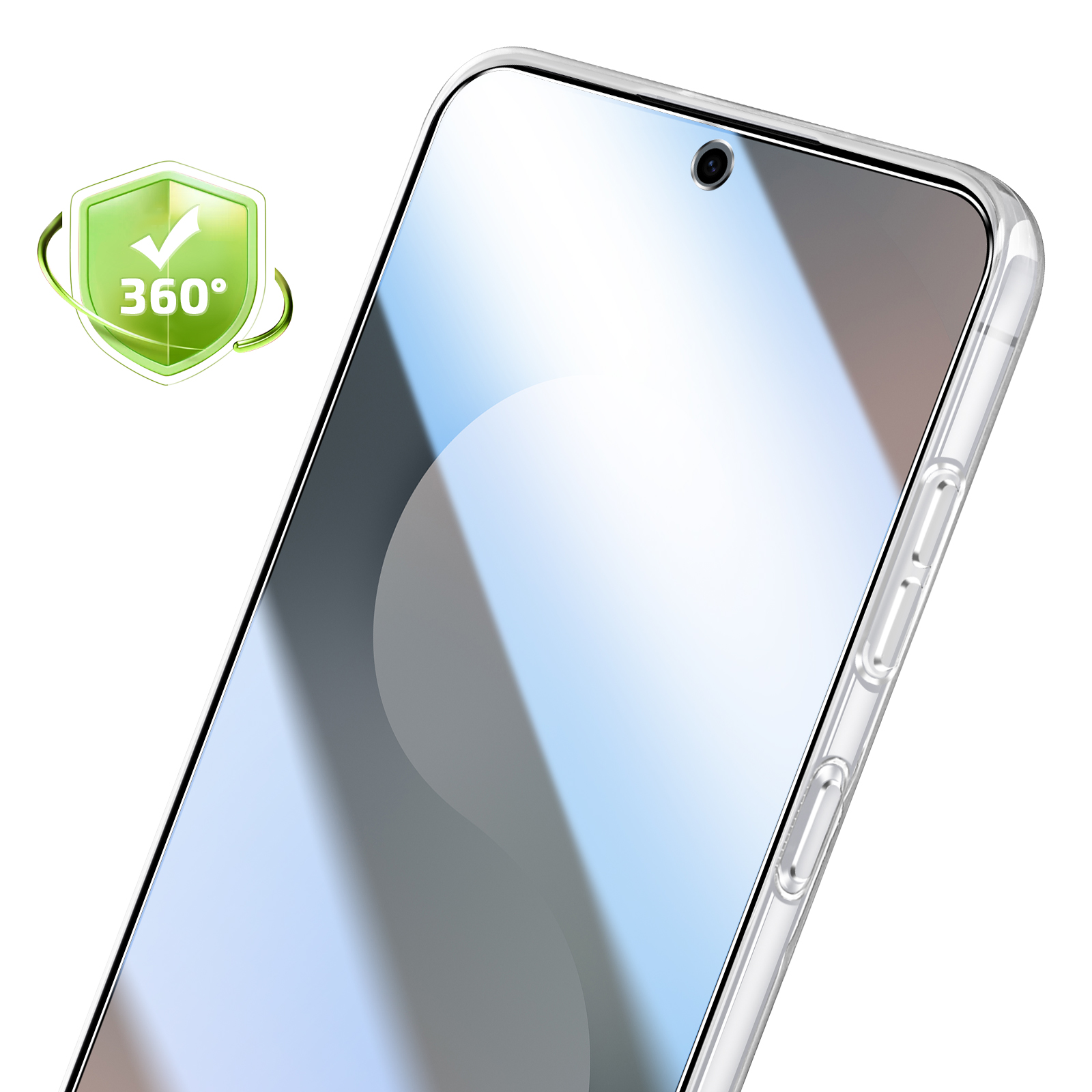 Una custodia trasparente per telefono con icona scudo verde 360°.