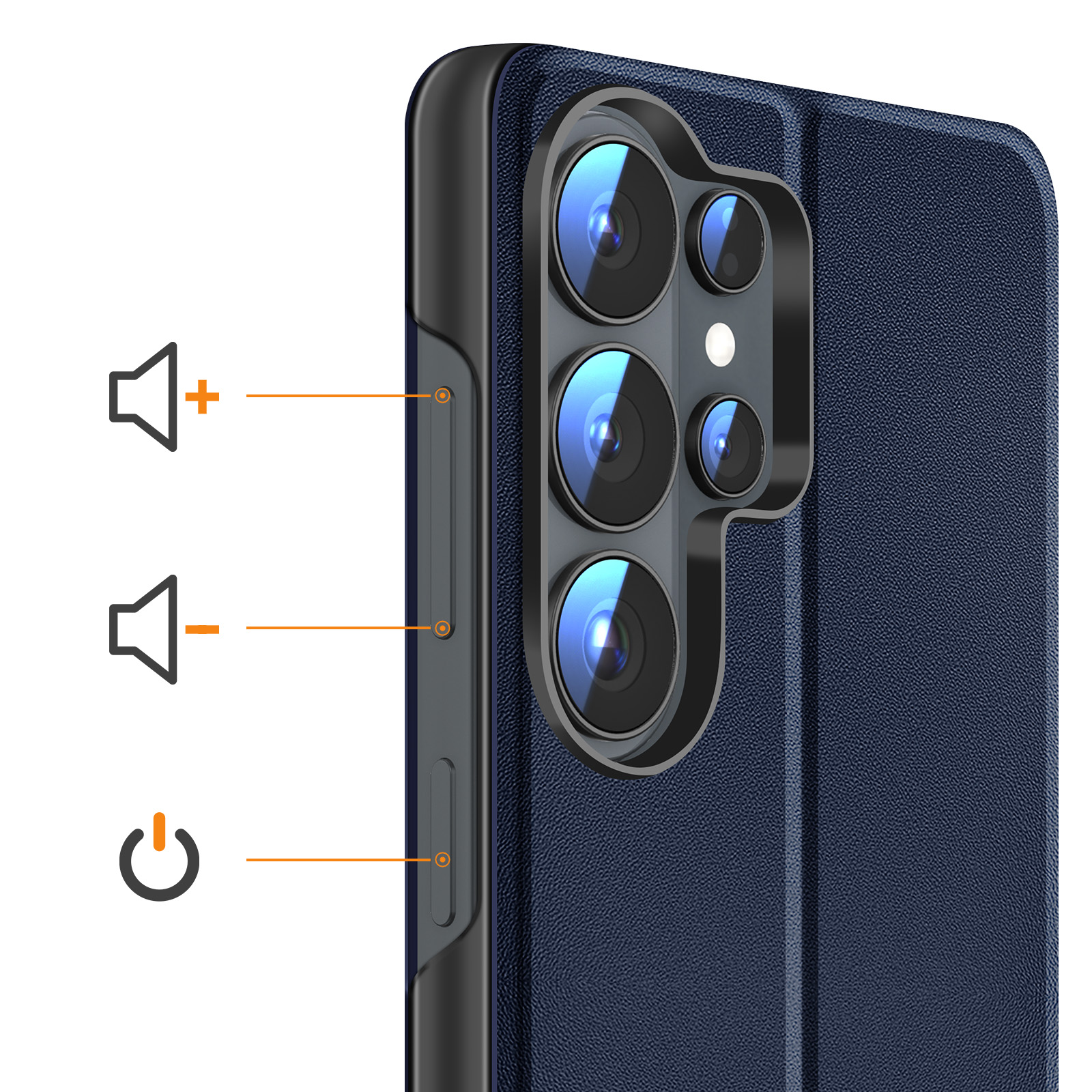 Eine Nahaufnahme eines blauen Handycovers mit hervorgehobener Kamera und Tasten.