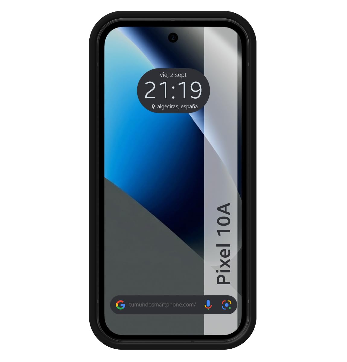 Un smartphone negro que muestra las 21:19 con fondo azul y gris.