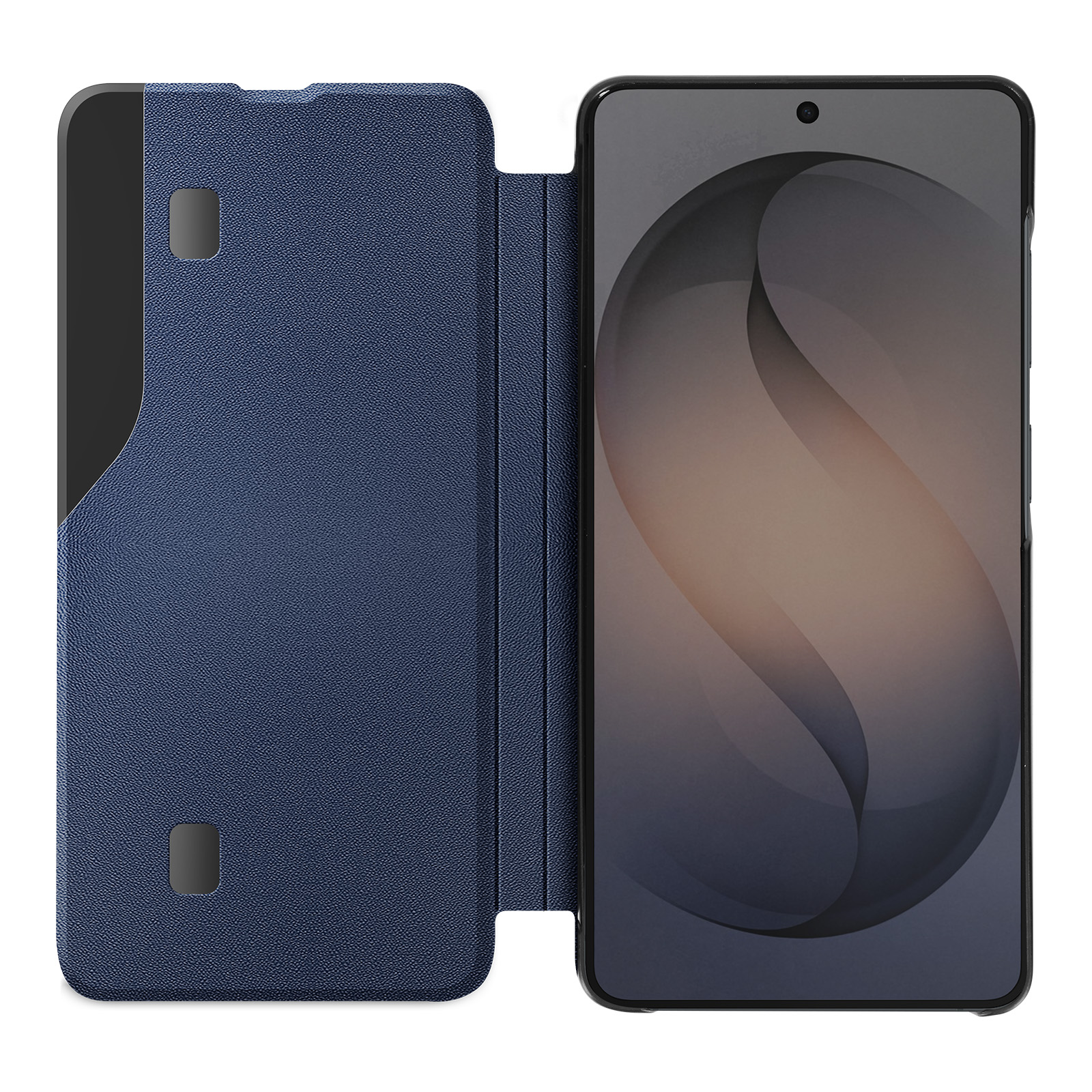 Ein blaues Smartphone-Flipcase mit offenem Deckel, das ein Smartphone mit dunklem Hintergrund zeigt.