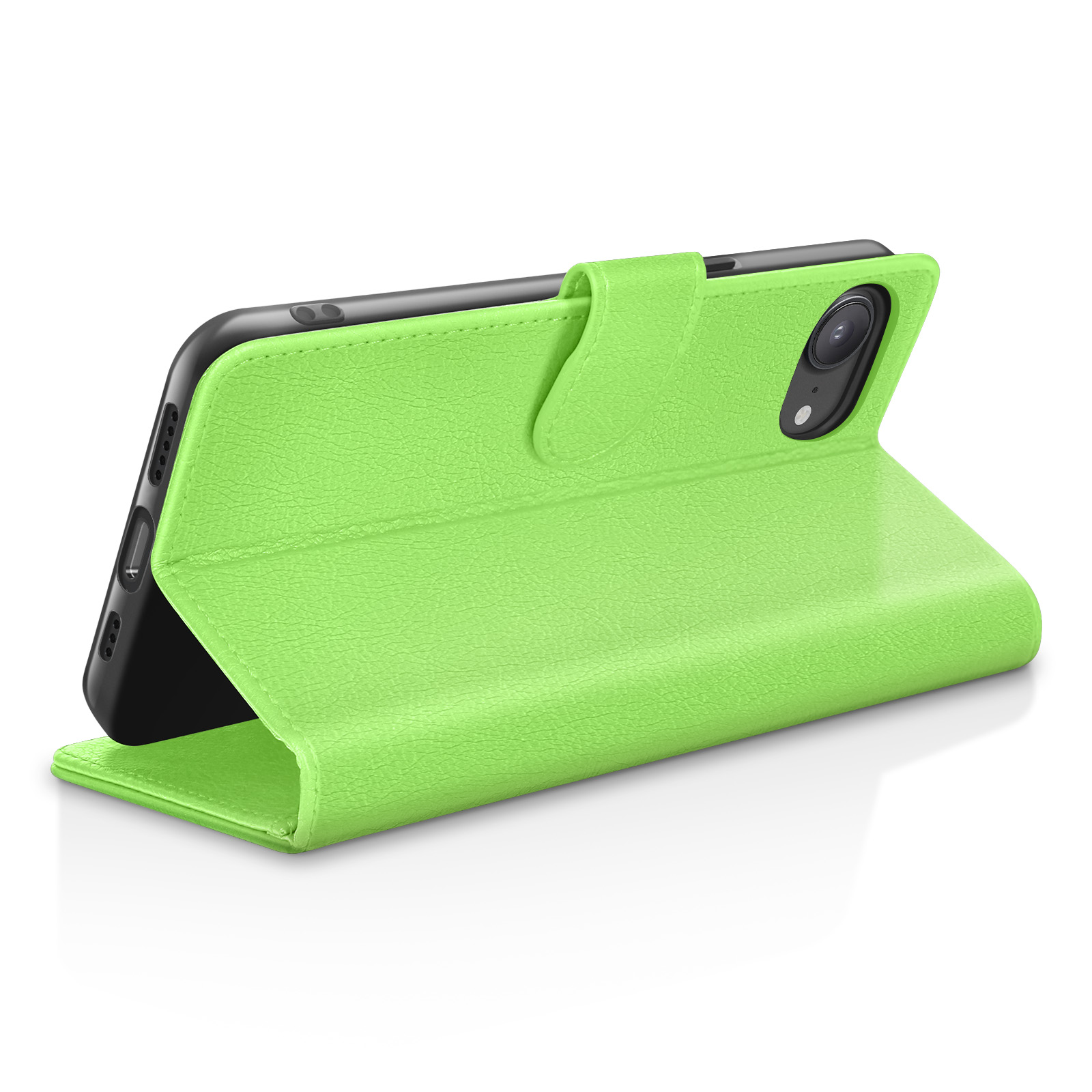 Una custodia a libro verde brillante con un telefono all'interno.