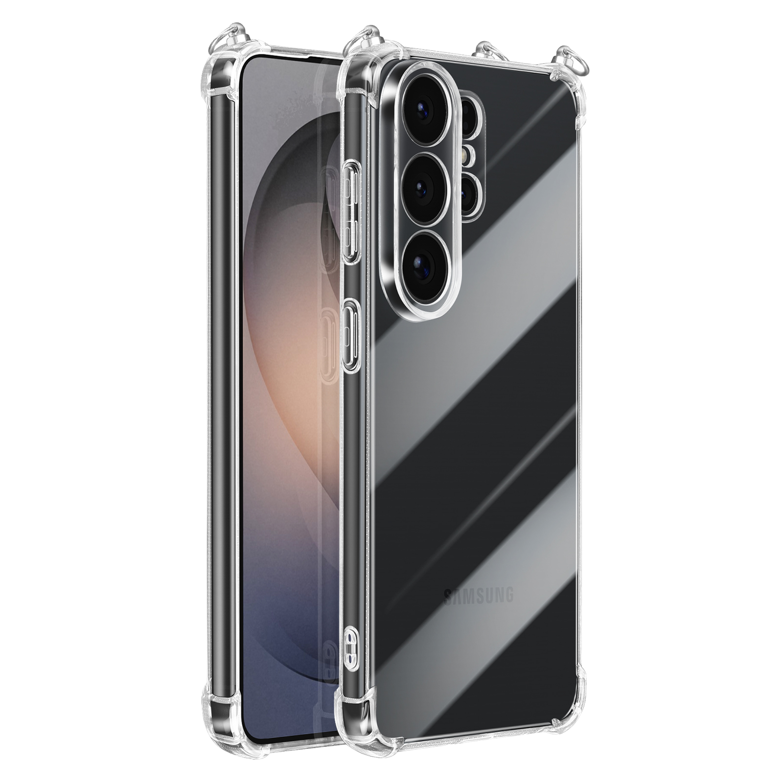 Transparente Handyhülle mit drei Kameras und Samsung-Logo.