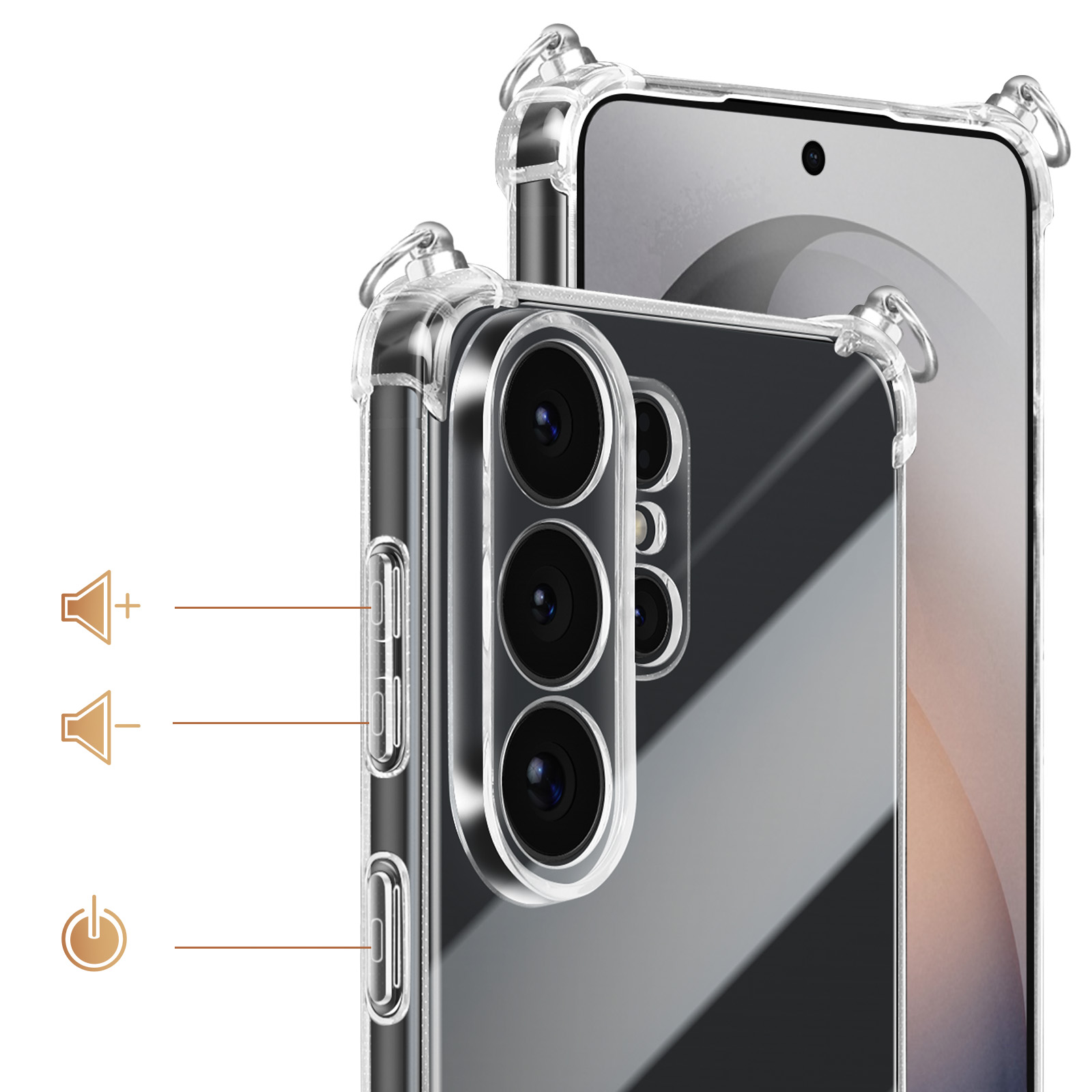 Transparente Handyhülle mit verstärkten Ecken an einem Smartphone. Lautstärke- und Ein/Aus-Tasten sichtbar.