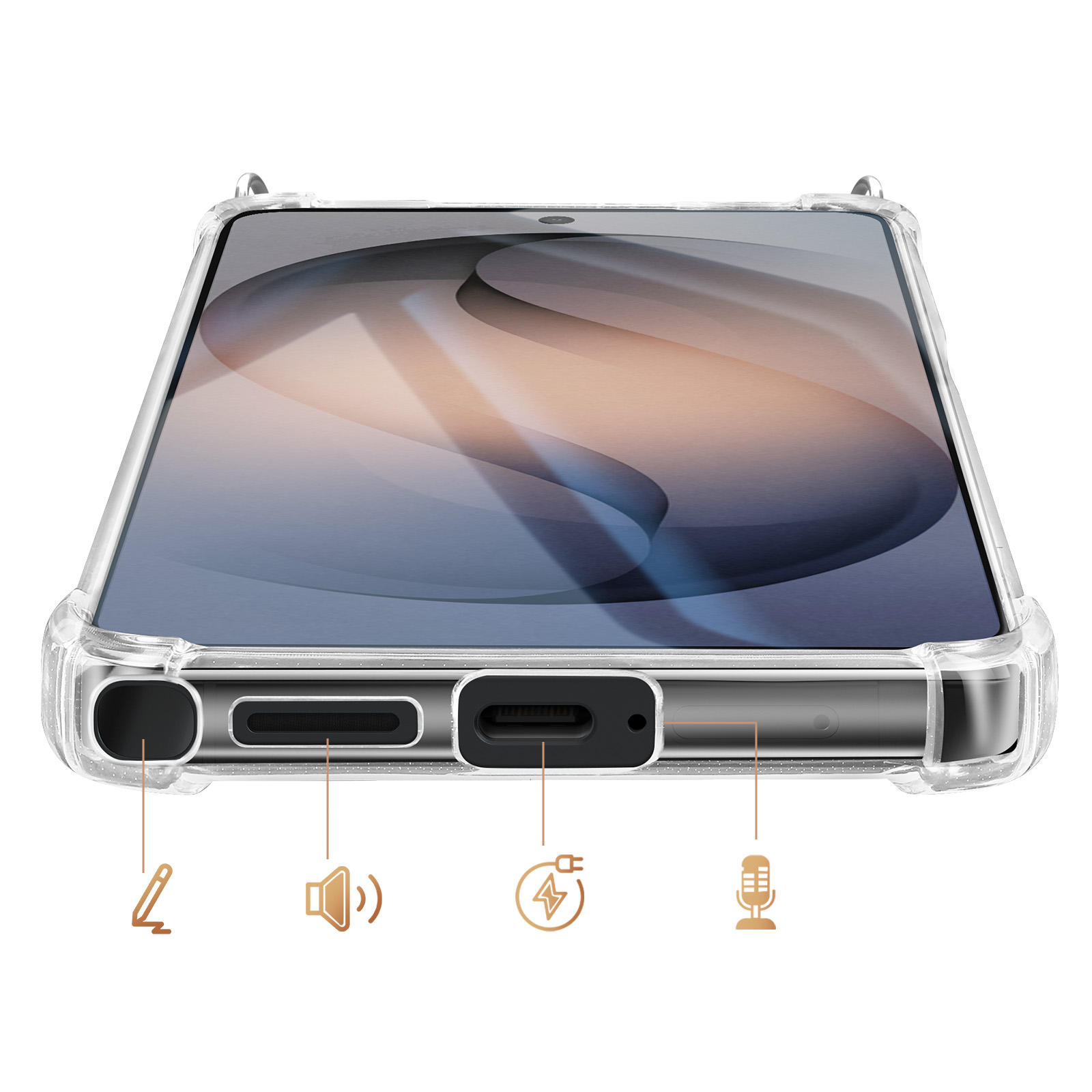 Ein transparentes Handyhülle mit Hervorhebungen für Anschlüsse.