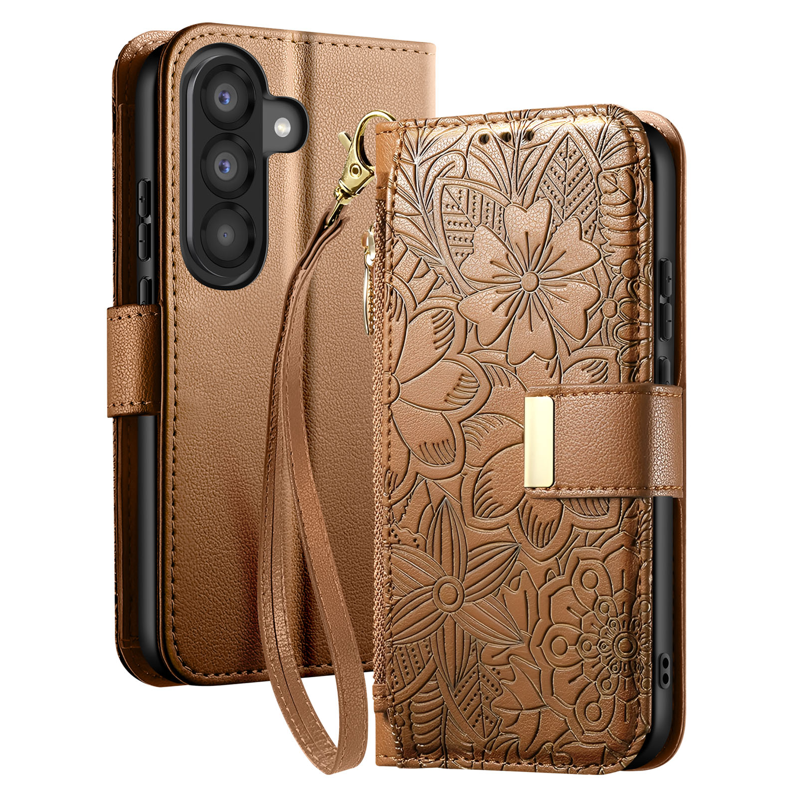 Custodia in pelle marrone per telefono con motivo floreale.