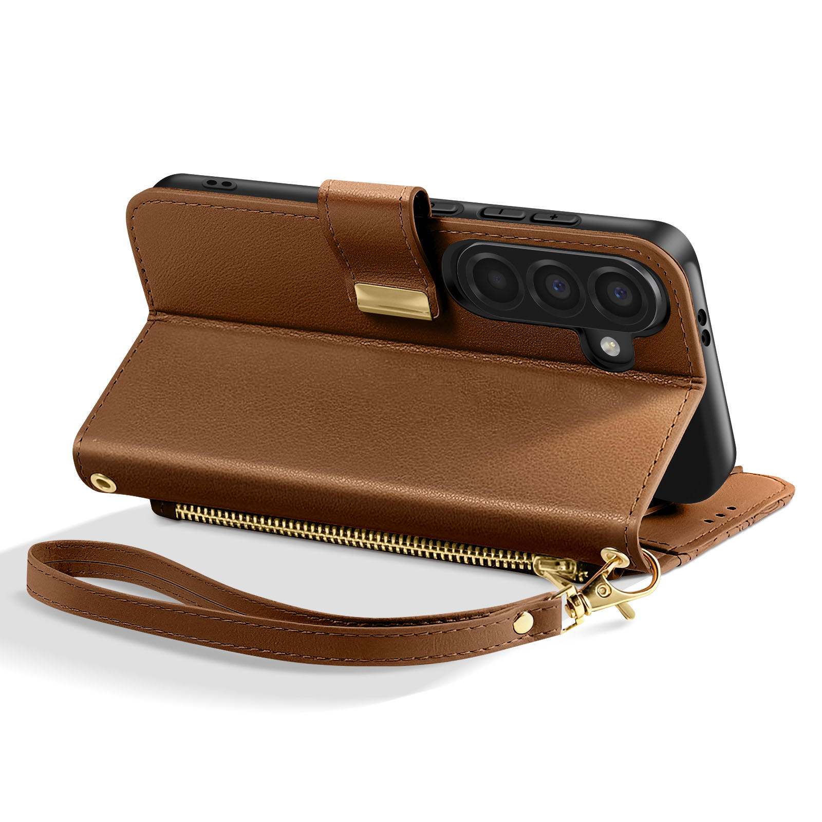 Custodia in pelle marrone con cerniera e cinturino da polso, che mostra il retro del telefono.