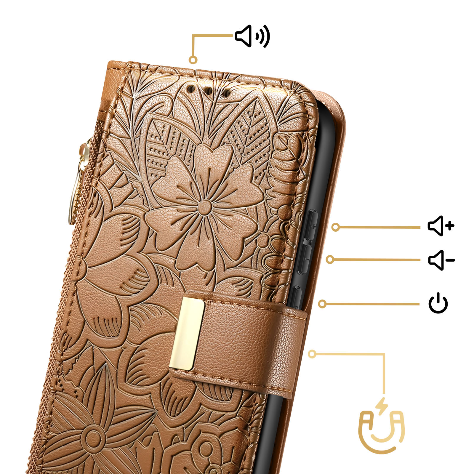 Custodia per telefono marrone con rilievo floreale, chiusura e icone volume e accensione.