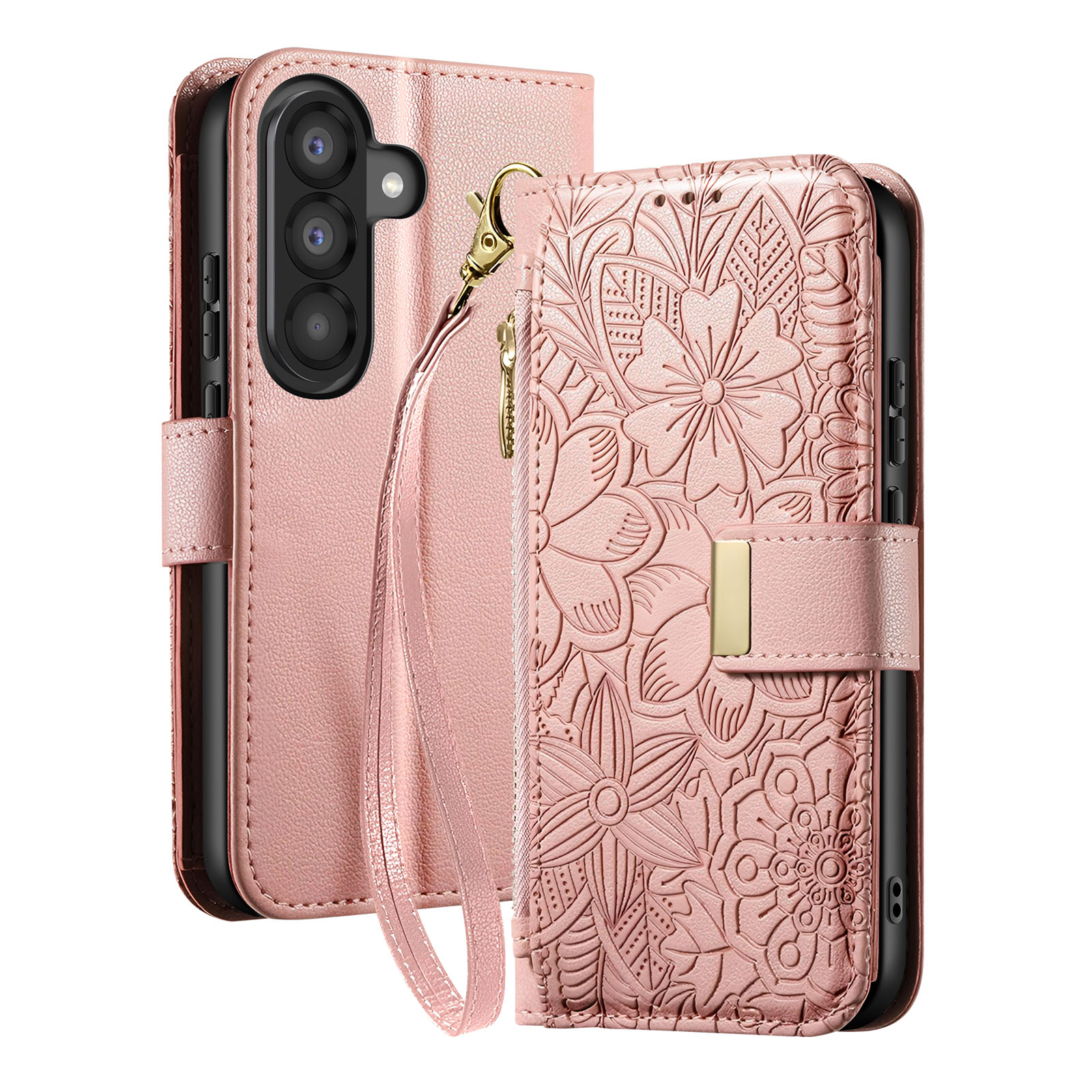 Custodia in pelle rosa per telefono con design floreale in rilievo.
