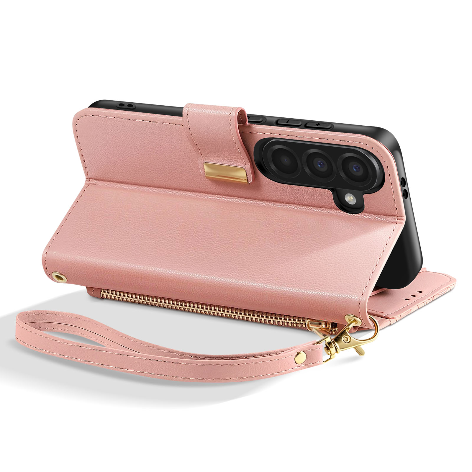 Un porta-telefono rosa a portafoglio con cerniera e cinturino da polso.
