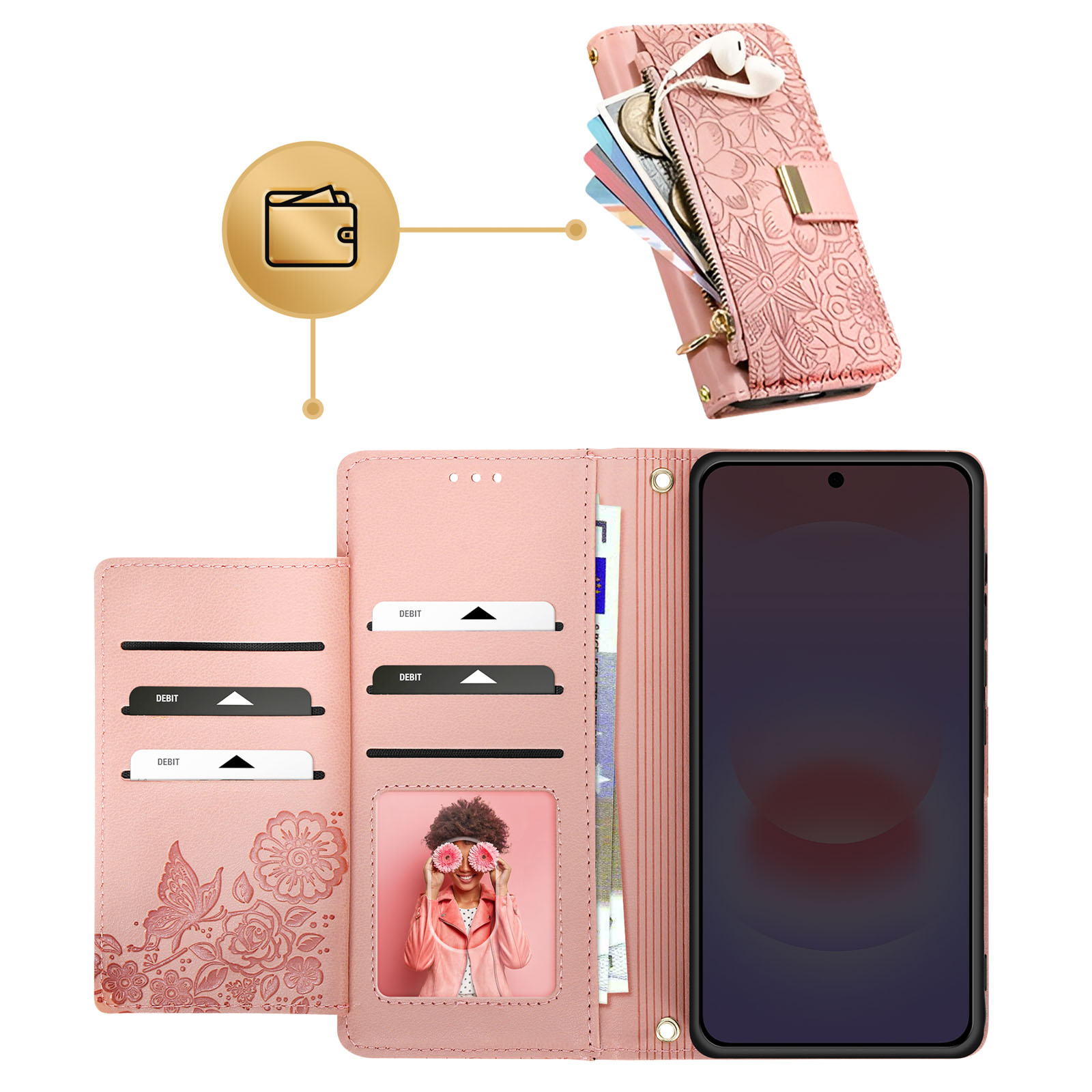 Un portafoglio rosa con custodia per telefono, slot per carte e una foto. Ci sono auricolari.