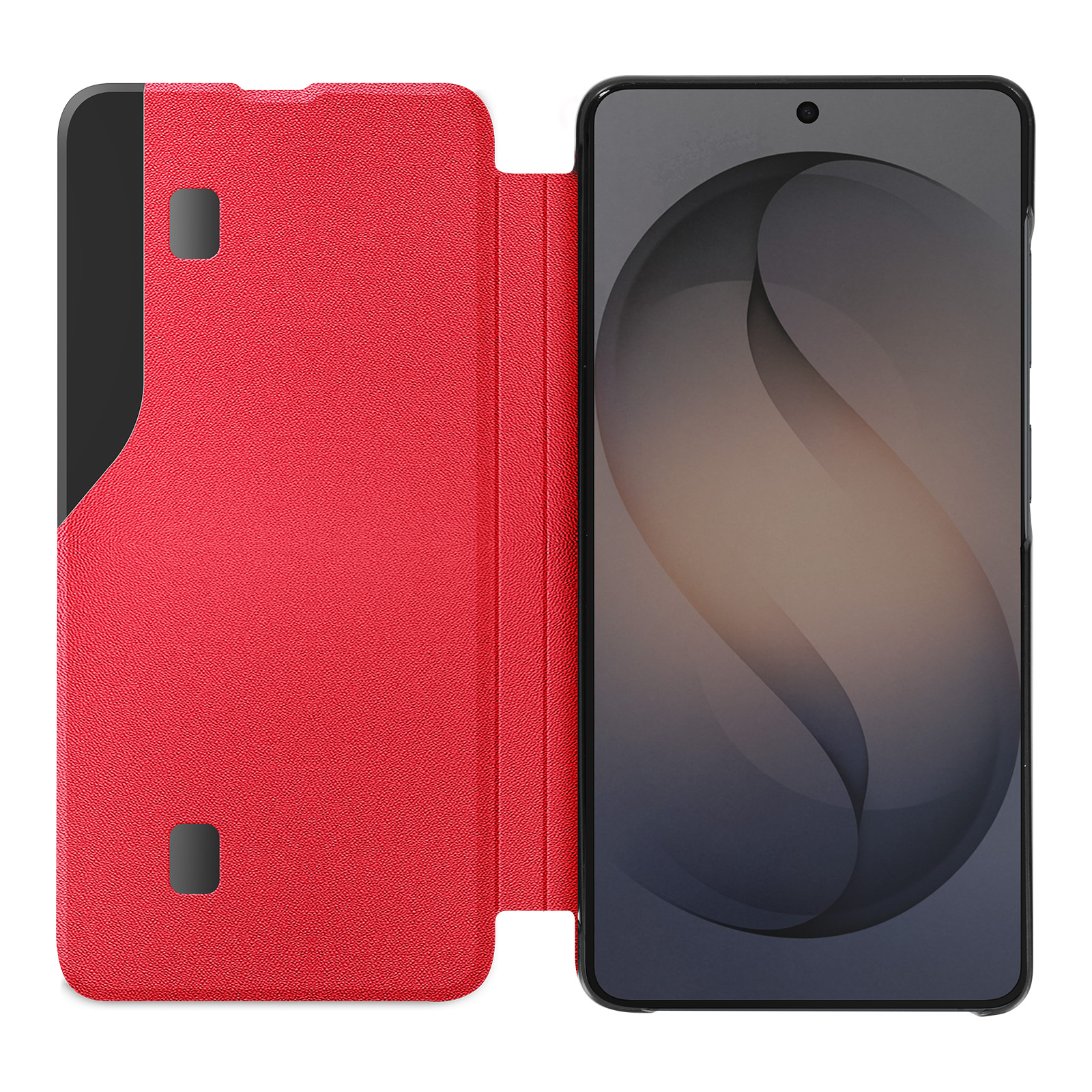 Rote Handyhülle mit offenem Klappdeckel und einem Smartphone mit dunklem Hintergrund.
