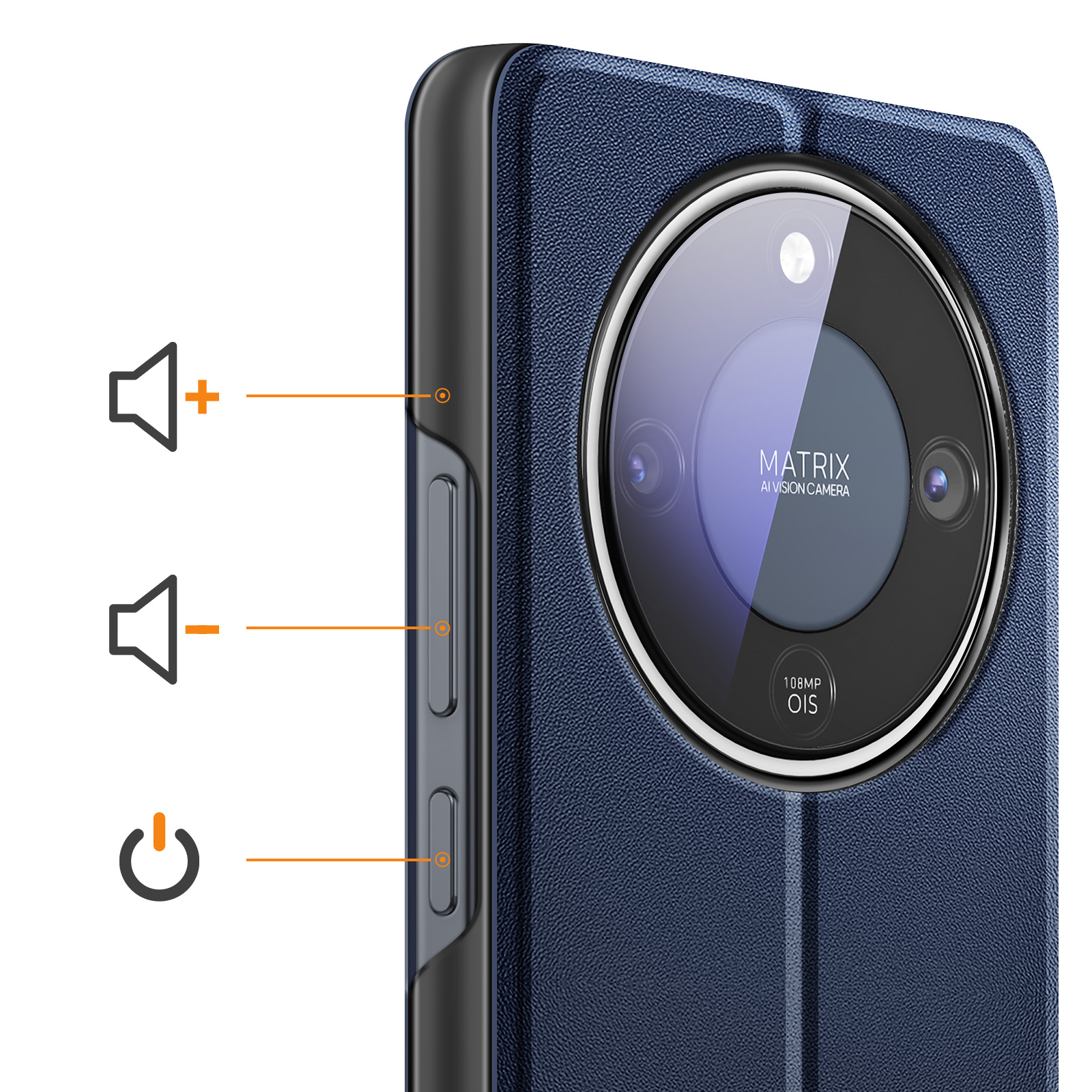 Blaue Handyhülle mit Kameramodul, Lautstärke- und Ein-/Aus-Tasten.