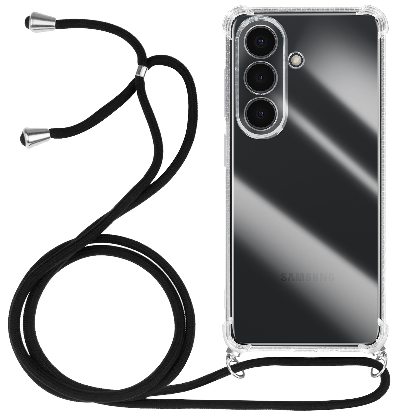 Doorzichtige telefoonhoes met zwart koord en zilveren uiteinden.