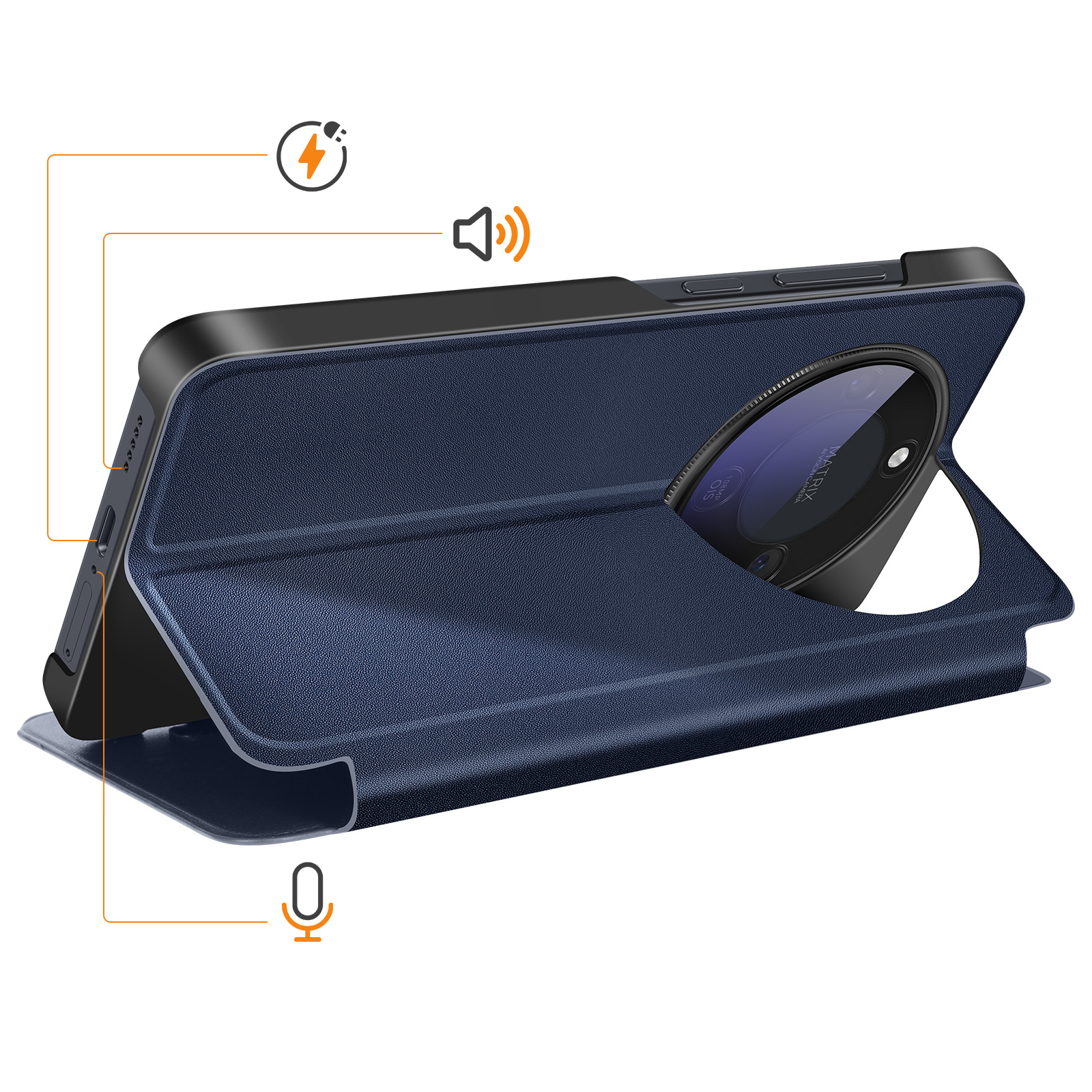 Dunkelblaues Handy-Flipcase mit Kamerausschnitt und Lade-/Mikrofonsymbolen.
