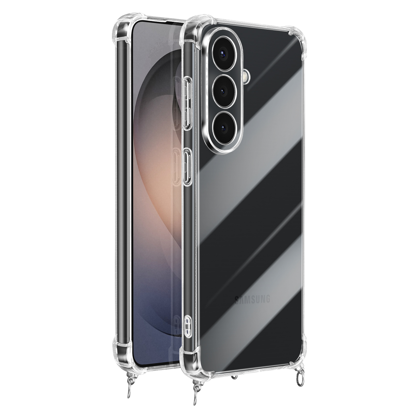 Een doorzichtige telefoonhoes met verstevigde hoeken en een drievoudige camera.