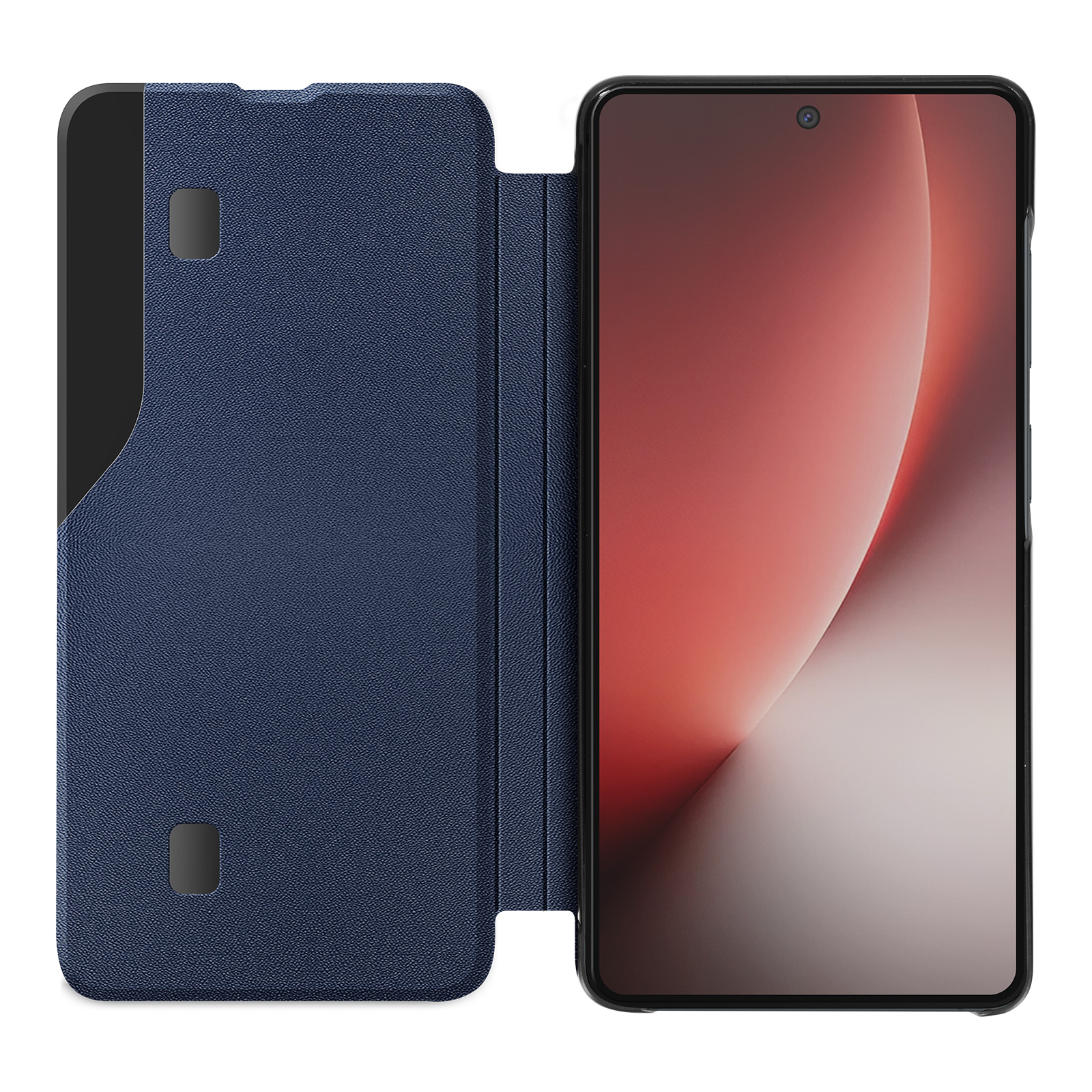 Ein dunkelblaues Handycover liegt auf einem Smartphone mit rotem Hintergrund.
