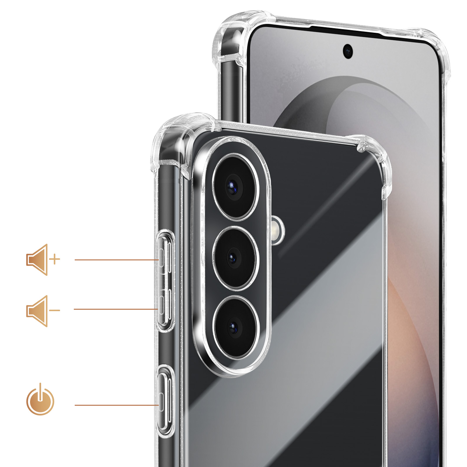 Doorzichtige telefoonhoes met camerabescherming, volume- en aan/uitknoppen.